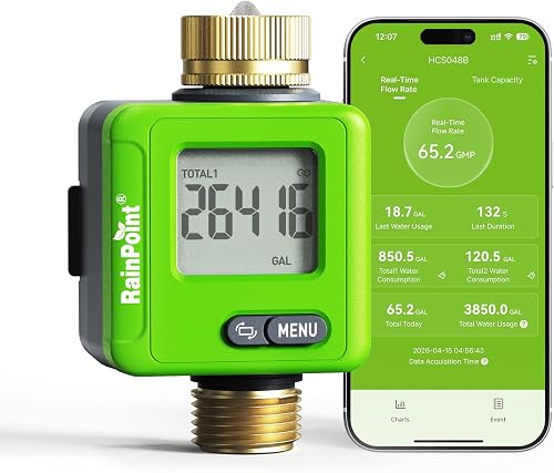 RAINPOINT Bluetooth Smart Water Flow Meter, Brass Fittings, 180° Flip LCD Screen, APP Monitor Water Usage & Flow Rate, Gallon/Liter Measure for Garden, RV, Sprinklers & Hose Nozzles,Green