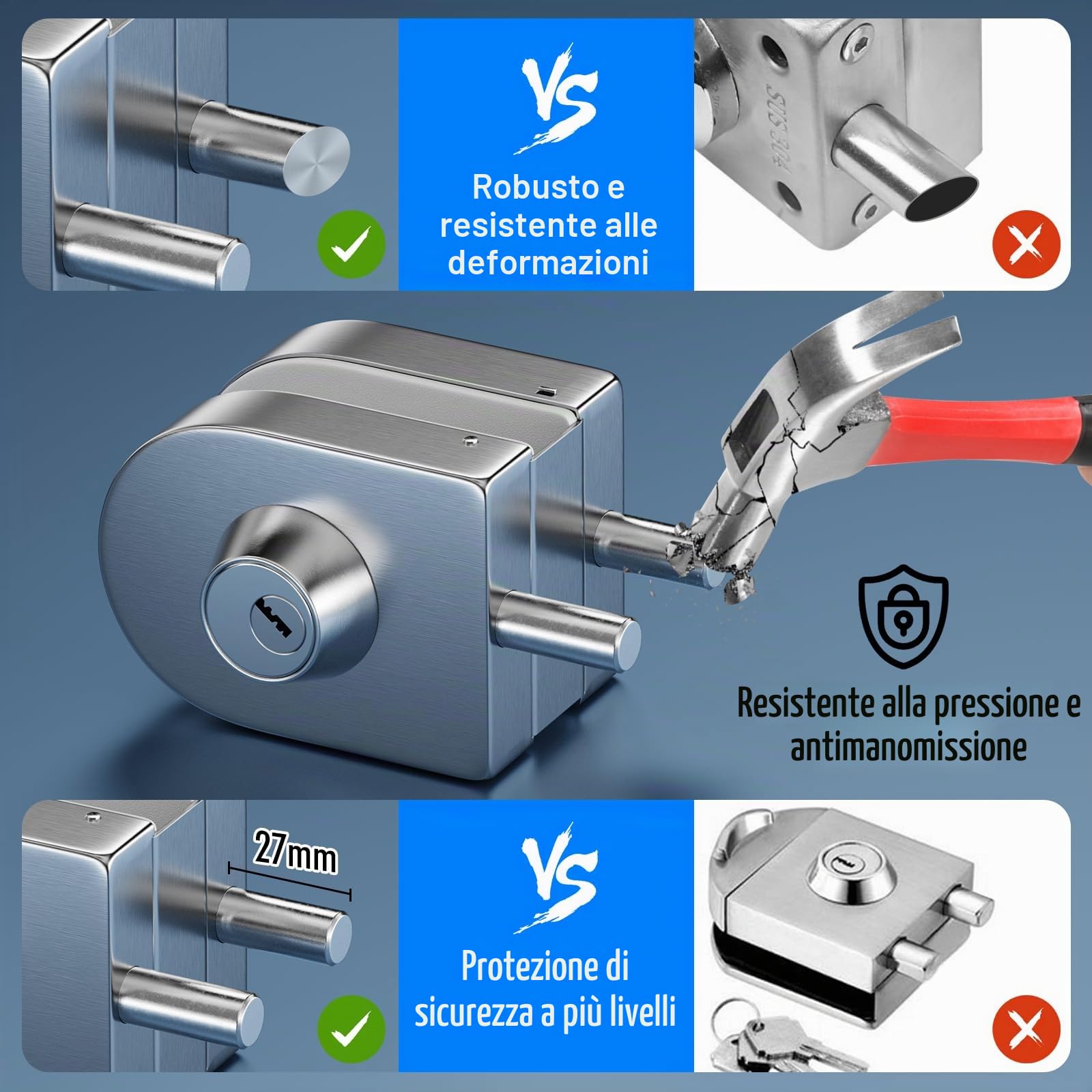 Serratura per porta in vetro senza fori, finitura in nichel spazzolato, con chiave e pomello, compatibile con vetro temperato 10-12 mm, installazione rapida, design moderno, acciaio inox 304.