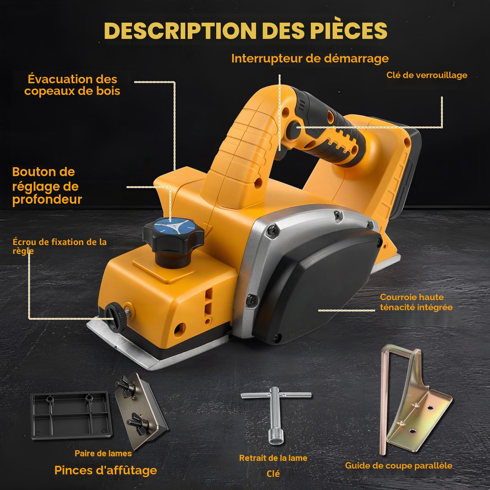 Raboteuse à main sans fil pour batterie Dewalt 18 V 20 V, rabot électrique sans balais 15 000 tr/min, largeur de coupe de 82 mm, profondeur de coupe de 0 à 2 mm, rabot électrique pour le travail du