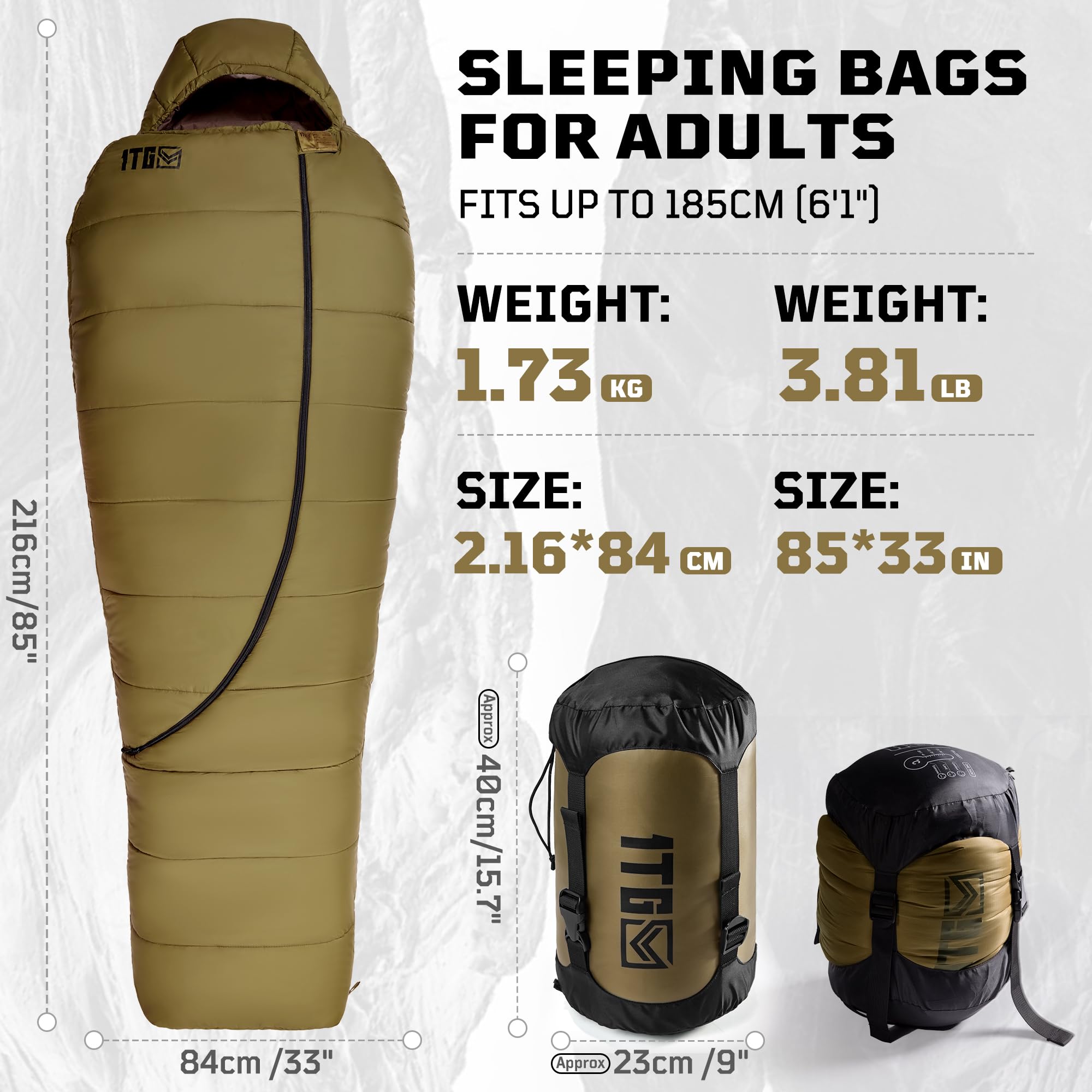 Mummy Sleeping Bag, Ultralight 4‑Season Sleeping Bag for for Adults, Military, Lightweight & Windproof, Cold Weather with Adjustable Hood, Phone Pocket for Camping, Hiking, Traveling