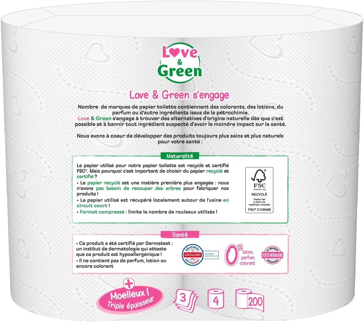 Love & Green - 3-ply toilet paper - triple ply - hypoallergenic (Dermatest certified) and ecological (FSC certified) - 4 compressed rolls = 8