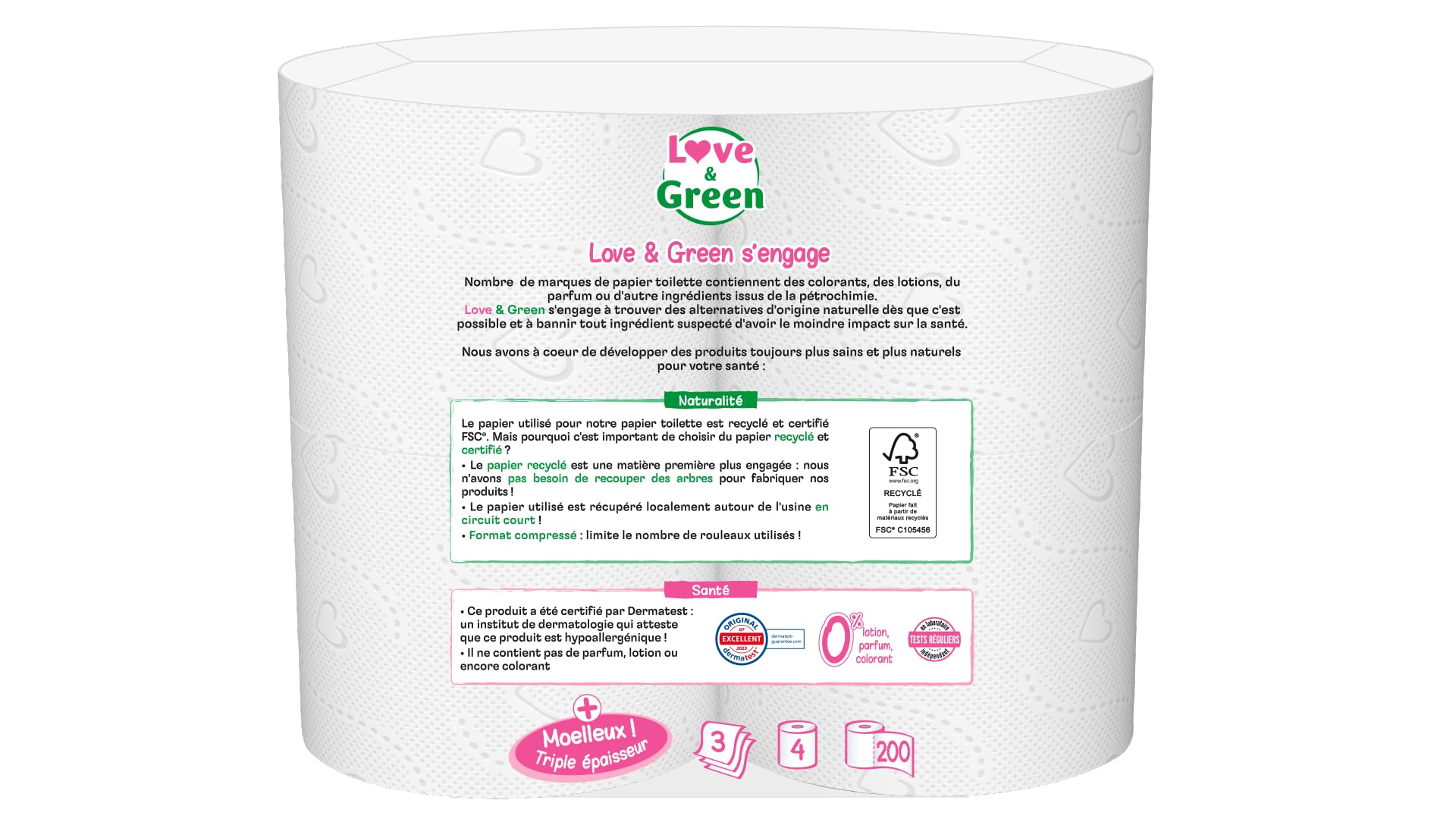 Love & Green - 3-lagiges Toilettenpapier – 3-lagig – hypoallergen (Dermatest zertifiziert) und umweltfreundlich (FSC-zertifiziert) – 4 komprimierte Rollen : 8 (Packung mit 4)