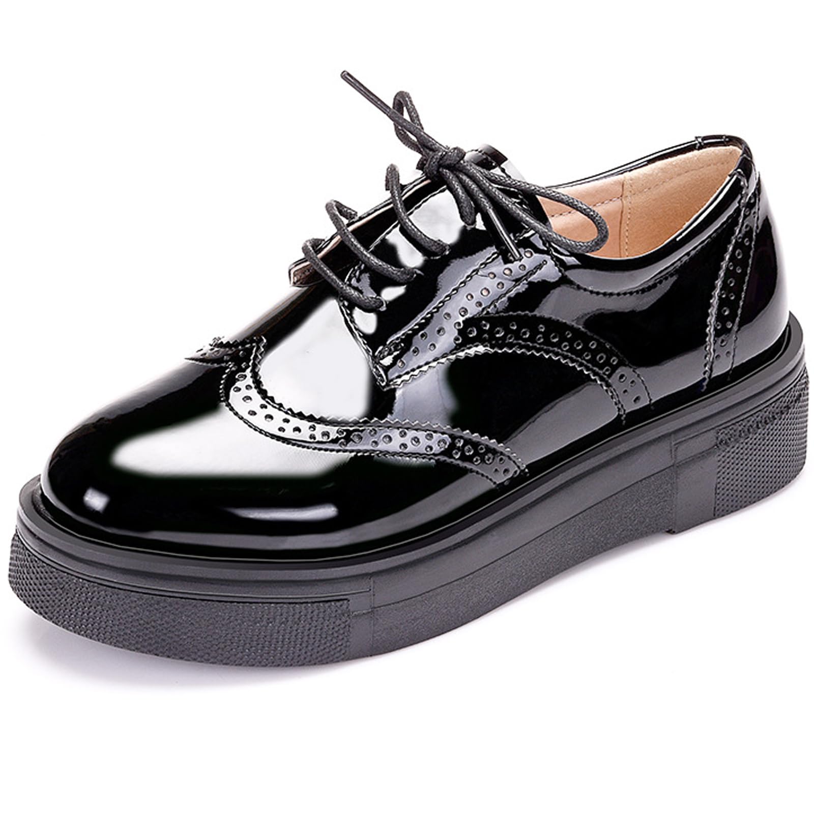 WUIWUIYU Womens Casual Patent Leather Lace-Up British Style Platform Brogues Oxford Saddle Shoes