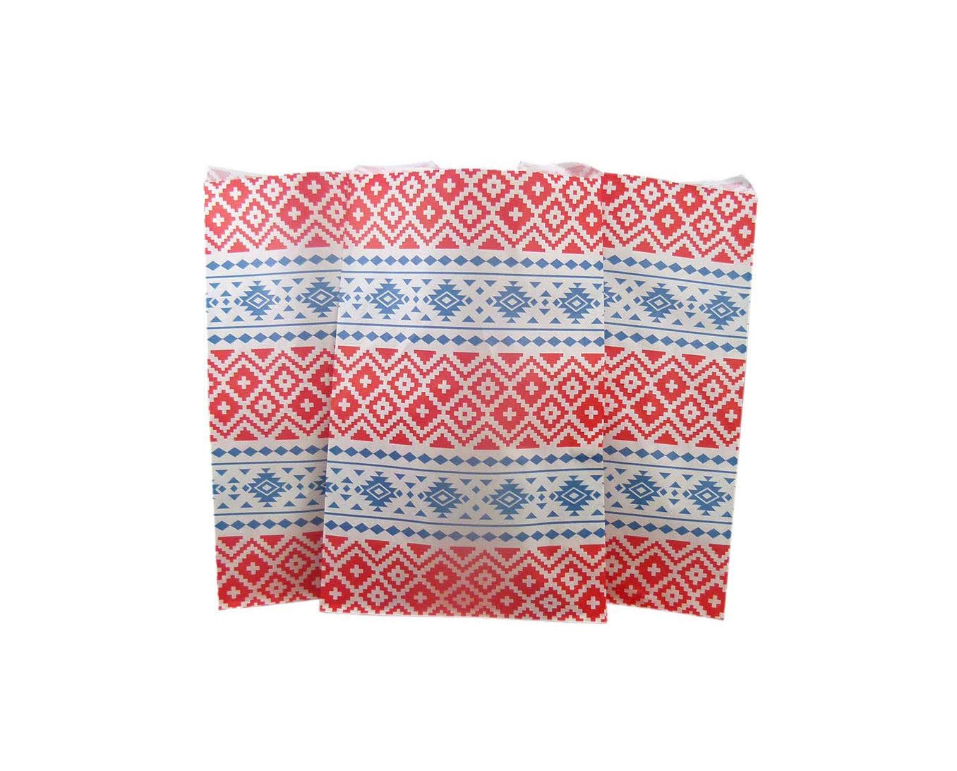 100 Stück flache unifarbene Papiertüten oder gemusterte Tüten für Süßigkeiten, Kekse, Merchandise, Stifte, Gastgeschenke, Geschenktüten (15,2 x 22,9 cm, Tribal-Druck)