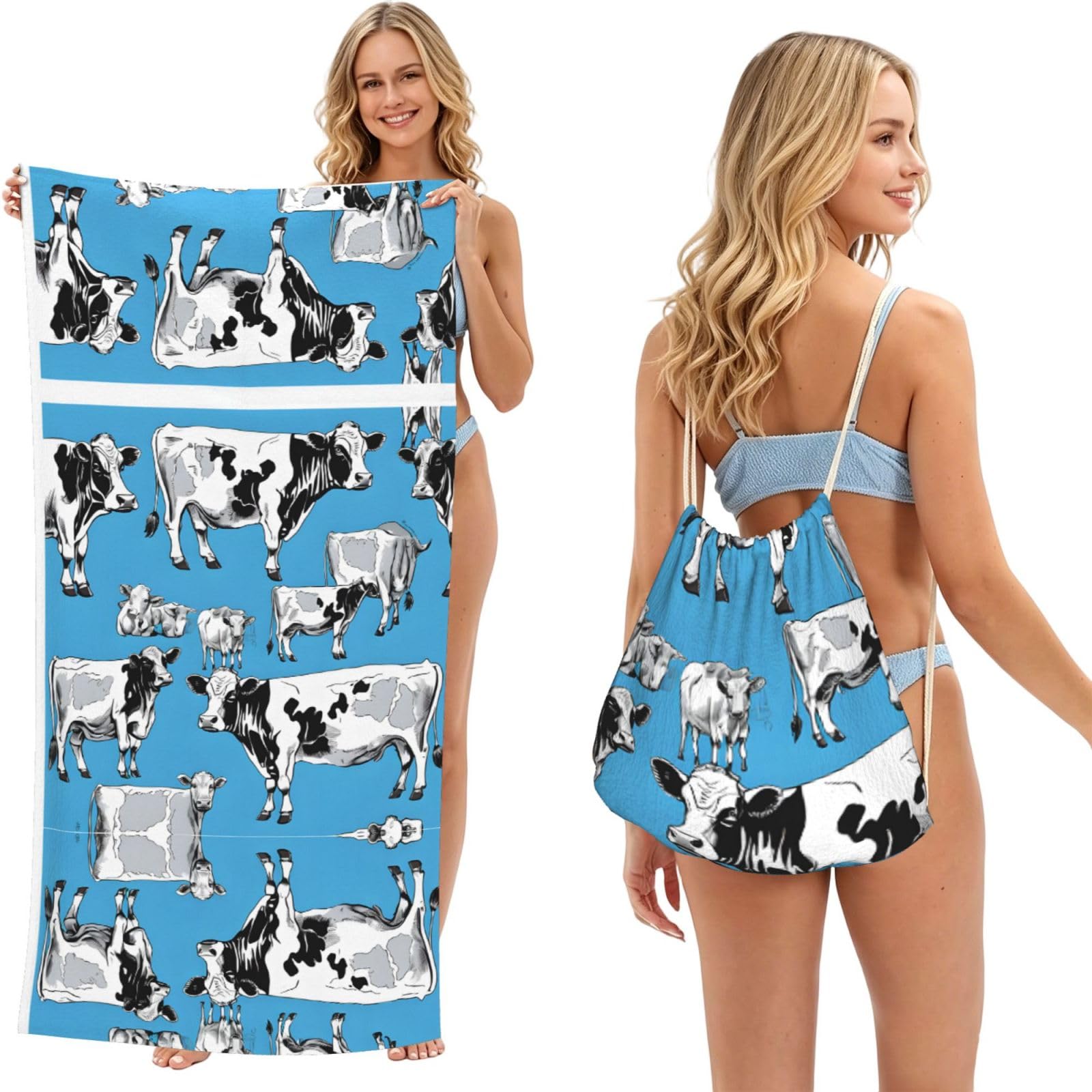 EZDLOWVBA Cow Print Beach Towel Backpack 2 In 1 Summer Large Lightweight Beach Towel - Multifunctional Ship Pattern Towel Bag For Storage,Sport