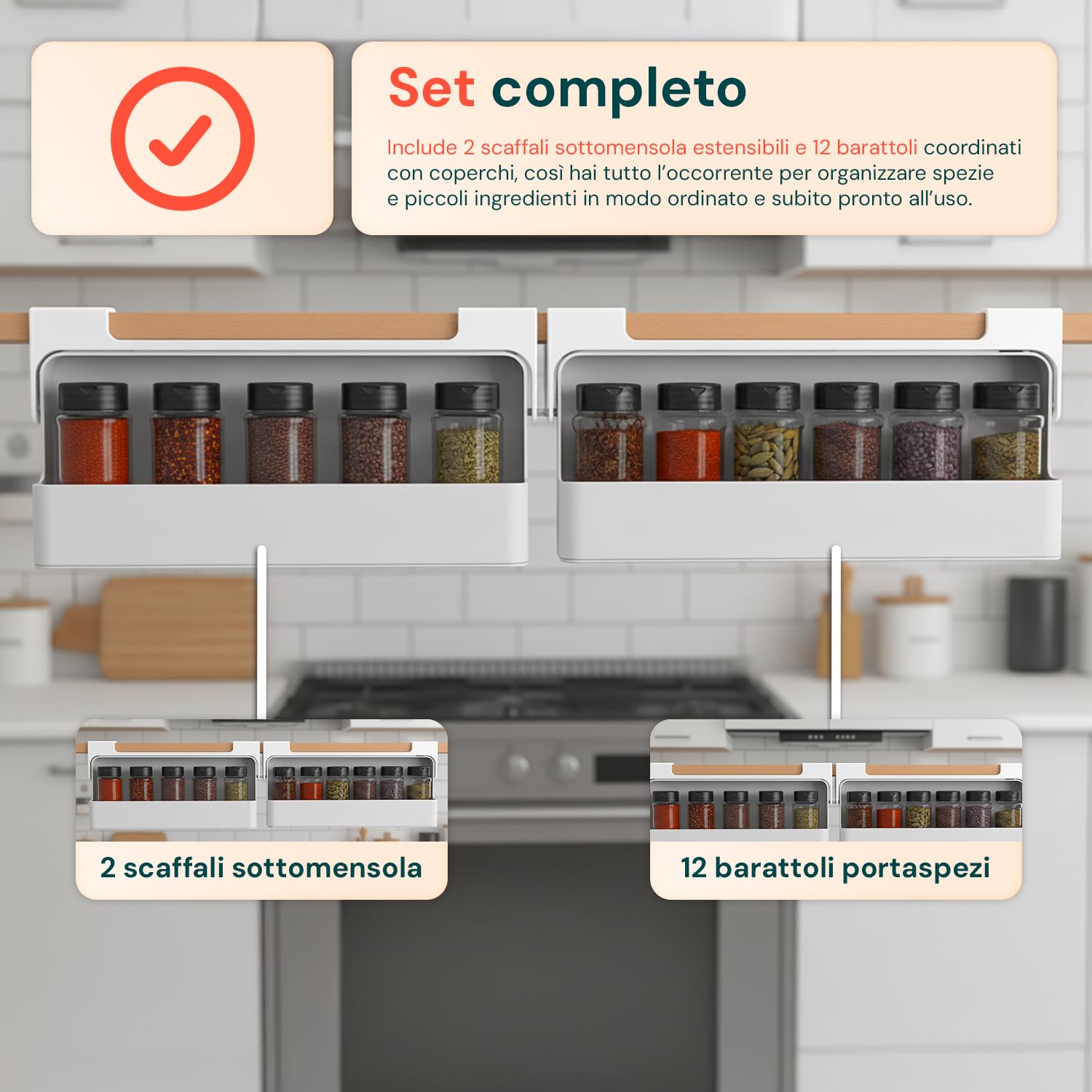 Avilia – Set 2 Porta Spezie per Cucina Estensibili con 6 Barattoli Vetro con Coperchio Ermetico, Organizer Salvaspazio Regolabile per Pensili e Piani, Facile da Montare e Pulire
