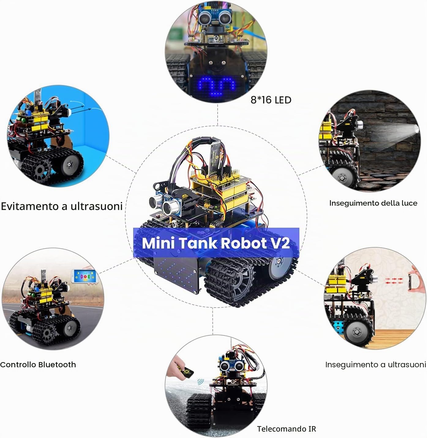 KEYESTUDIO Mini Tank Robot Smart Car Kit Light/Ultrasonic Follow, telecomando a infrarossi e Bluetooth, kit di robotica elettronica fai da te per bambini e ragazzi, supporto iOS e Android