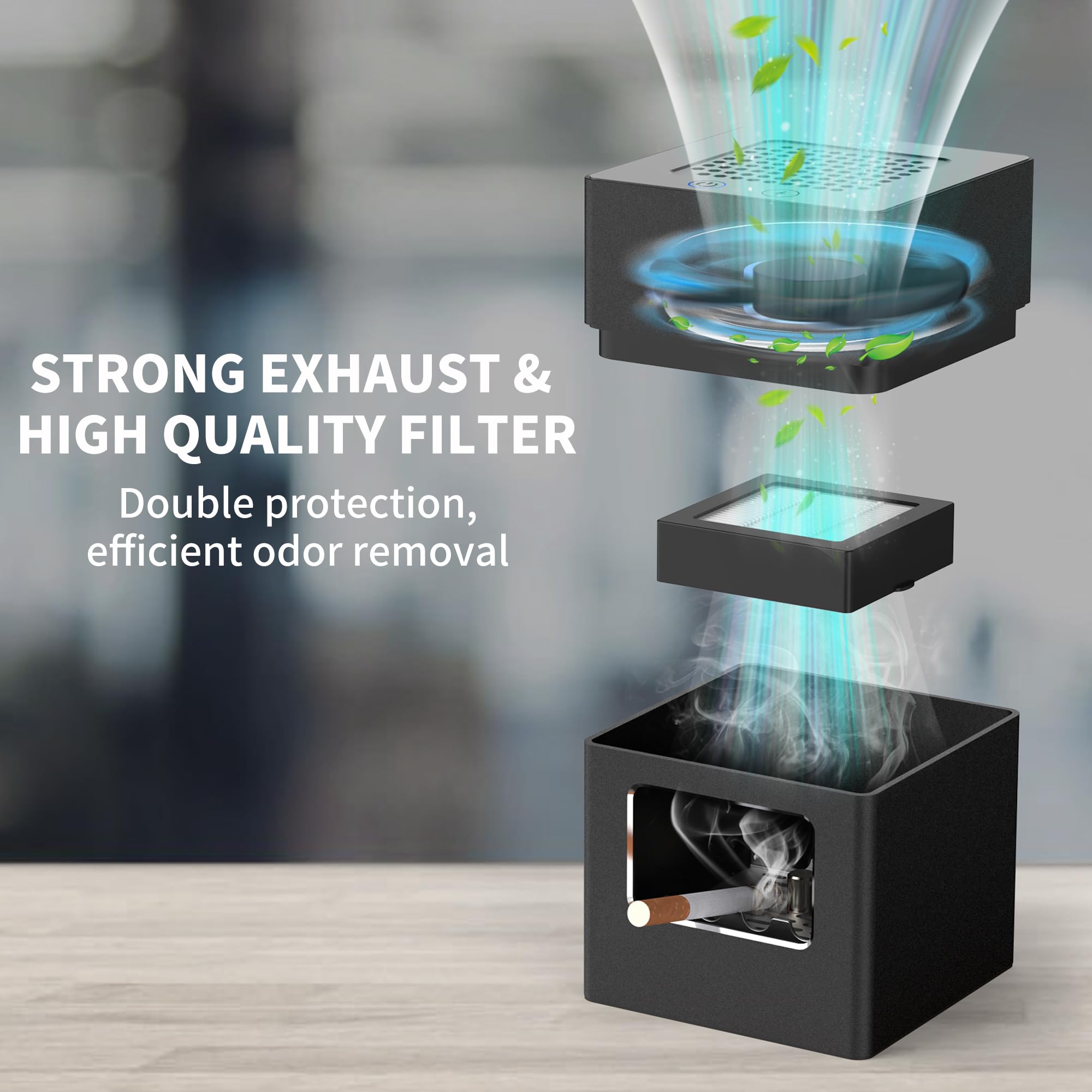 Rechargeable Mini Ashtray with Lid,Detachable Ash tray with Lighter,Aluminum Smokeless Trash Can with USB Line,Portable Ashtray with LED Blue Light (Black)