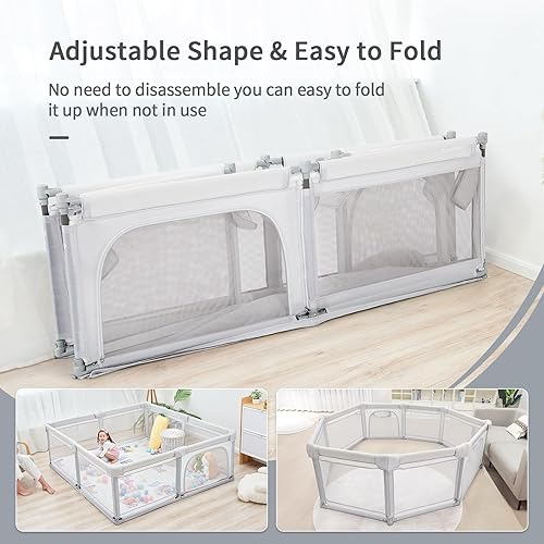 Miniatura 3 de Corralito plegable de 79 x 59 pulgadas para bebés y niños pequeños, corralito ajustable para niños pequeños de 1 a 3 años, patios de juegos para