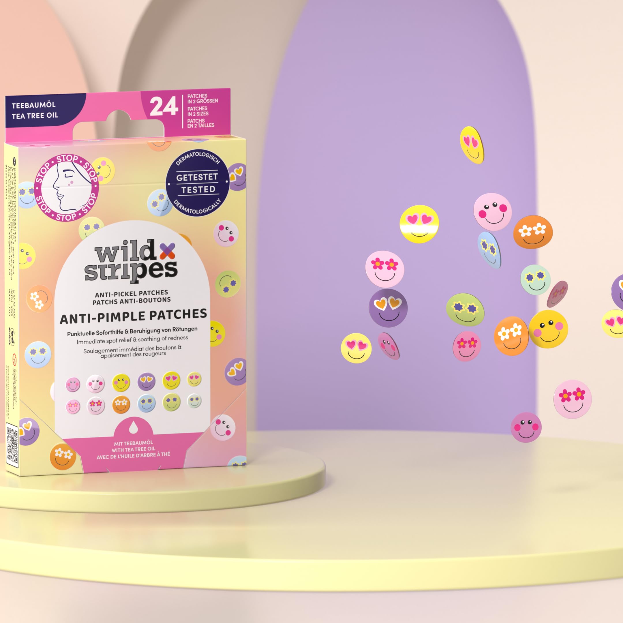 Wild Stripes - Anti-Pimple Patches Smile Stop - Cerotti brufoli colorati con olio di tea tree per cura rapida ed efficace - Anti brufoli e punti neri - Pelle impura - 24 pezzi