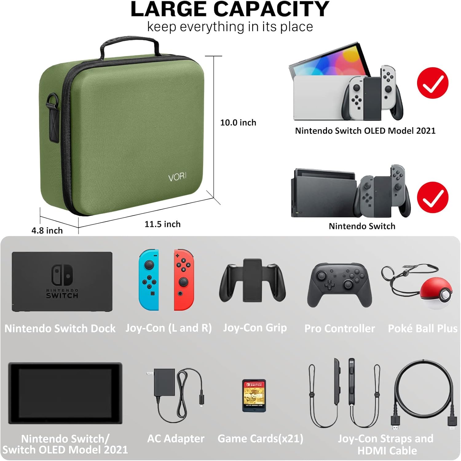 VORI Carrying Case for Nintendo Switch/Switch OLED Model (2021), Hard Travel Storage Protective Case with Handle and Shoulder Strap for Pro Controller, Poke Ball Plus and Switch Accessories, Green - Image 2