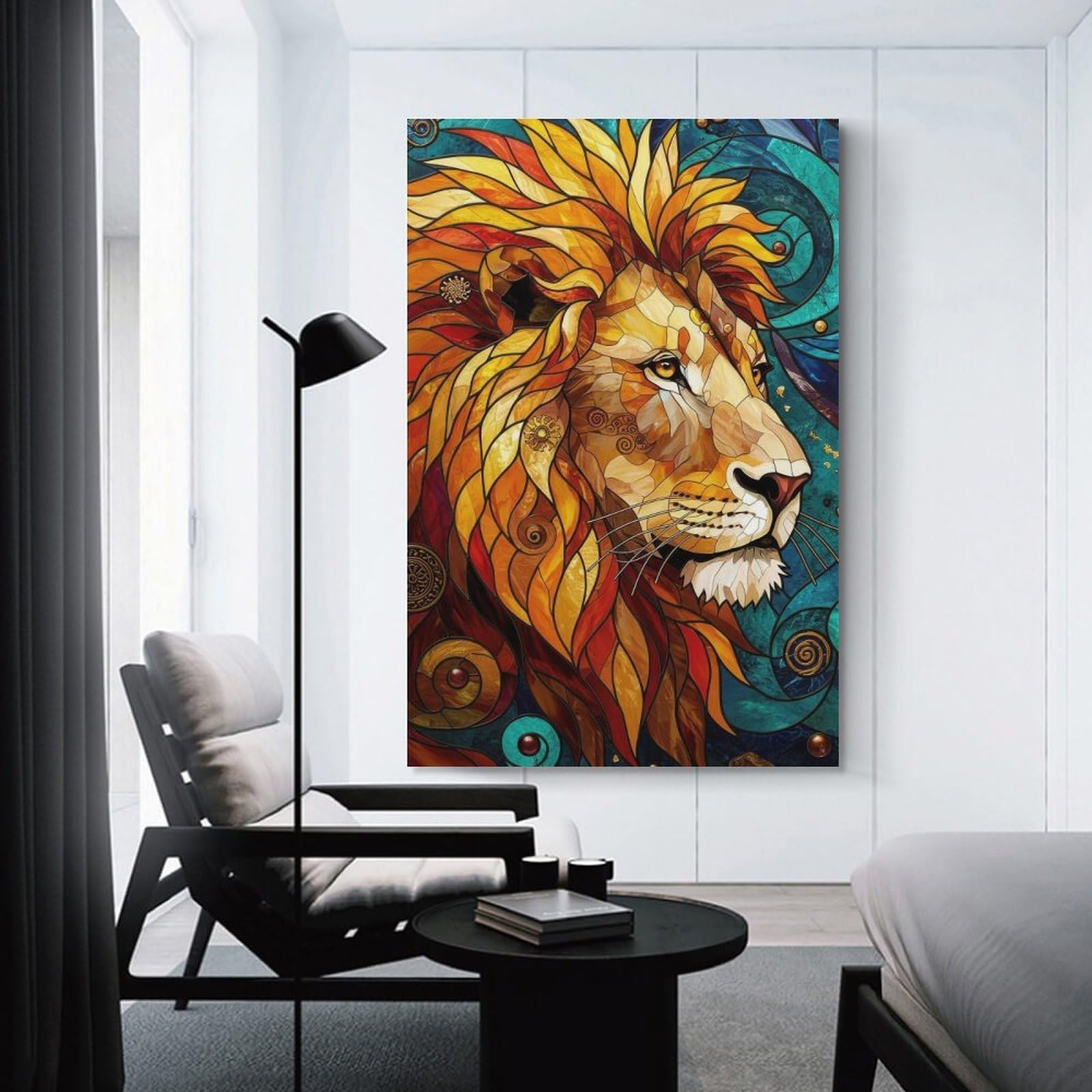 Junmoney Stained Glass Lion Decorative Wall Artwork 24x36inch(60x90cm), for Front Hall, Corridor Or Welcome Spaces, Decorative Wall Art for Narrow Spaces