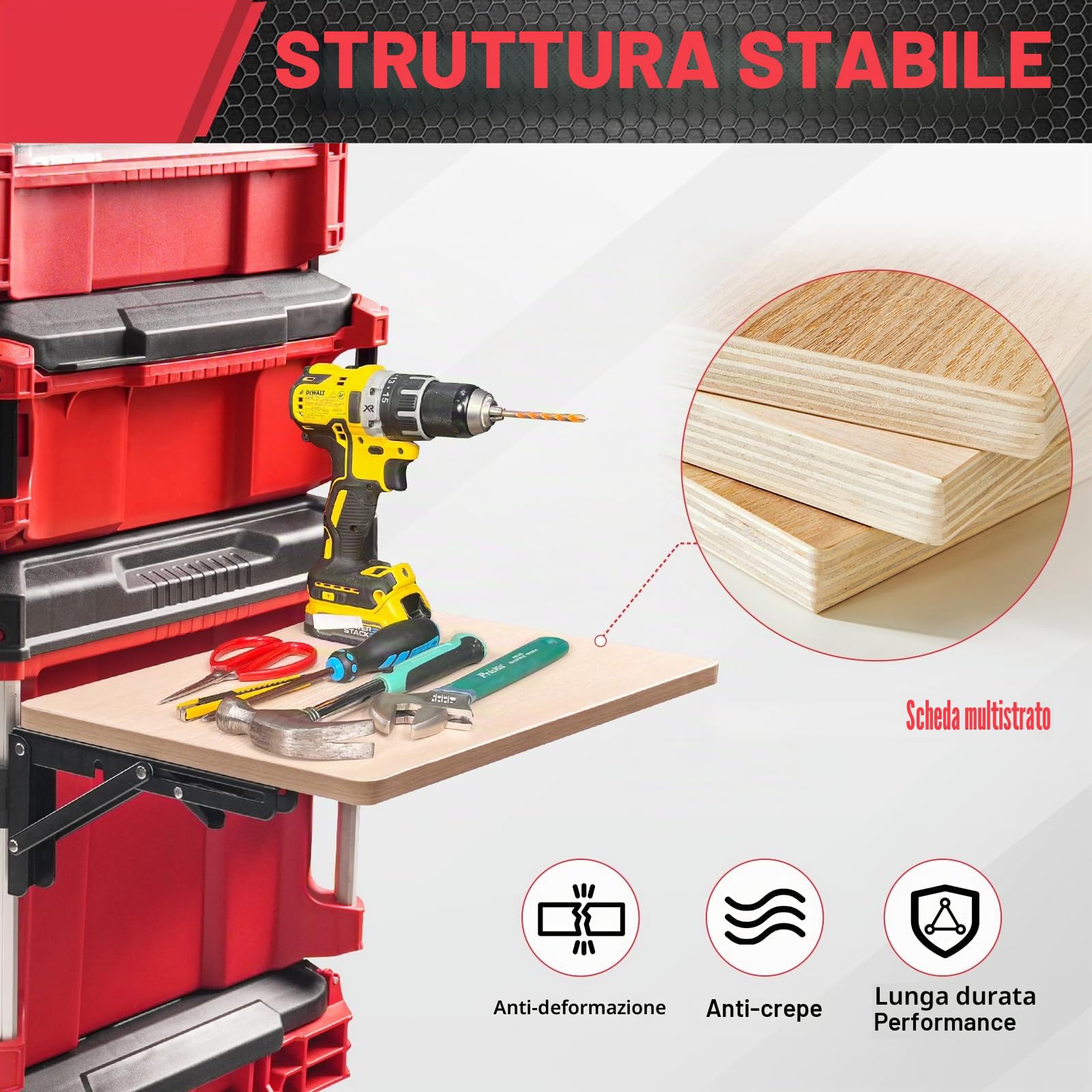 Stabile tavolo da lavoro pieghevole compatibile con valigetta degli attrezzi Milwaukee Packout, ripiano laterale per il vostro sistema Packout