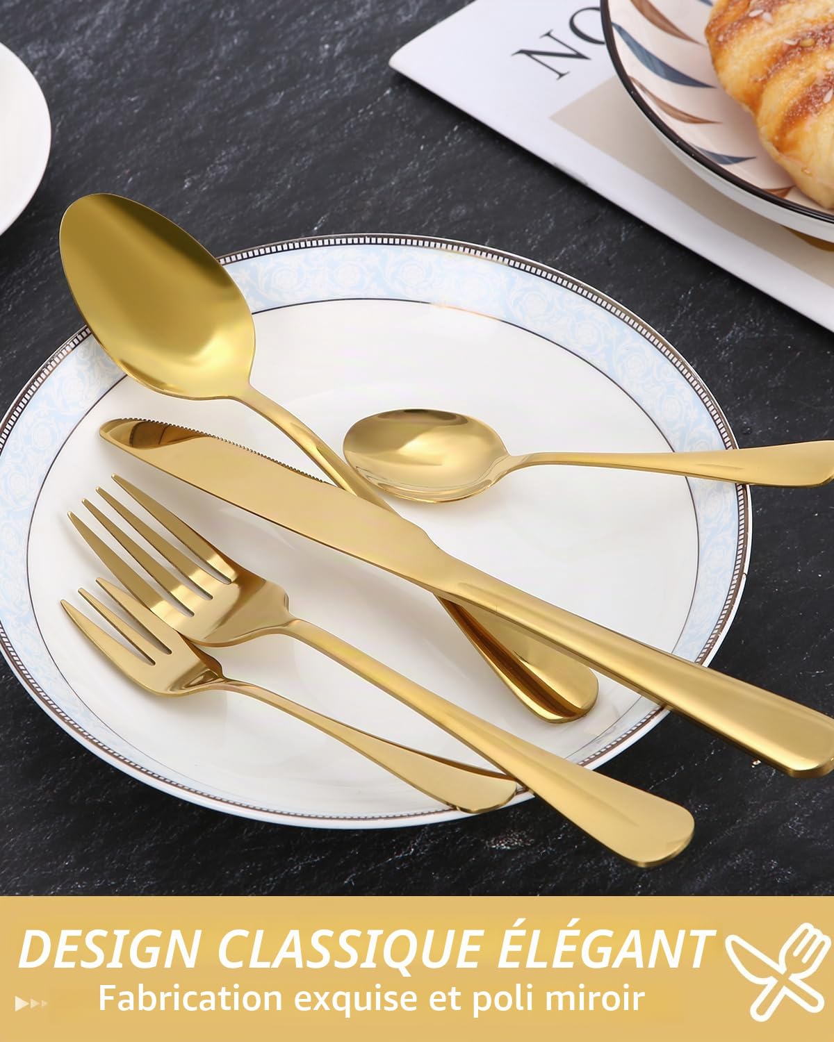 Couverts de Table 12 Personnes, Ménagère 60 Pièces Couverts Dorés | Polis et Lavables au Lave-Vaisselle, Couverts Table Doré, avec Couteaux/Fourchettes/Cuillères, pour Maison, Fête, Restaurant