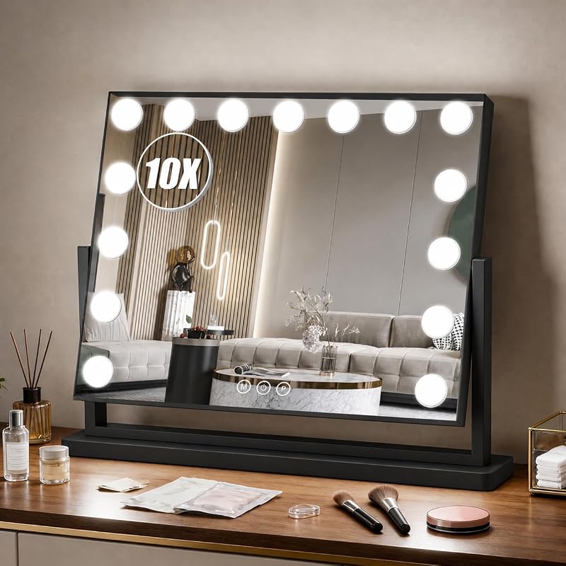 Espelho de maquiagem Bearolve com iluminação LED, 58,42 cm x 43,18 cm, 15 lâmpadas, 3 modos de luz, controle de intensidade, rotação de 360° e aumento de 10x, preto