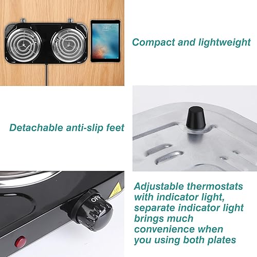 Miniatura 7 de Placa de cocción eléctrica, estufa eléctrica portátil de 2000 W, quemadores de doble bobina con control dual y control de temperatura de 5 niveles,