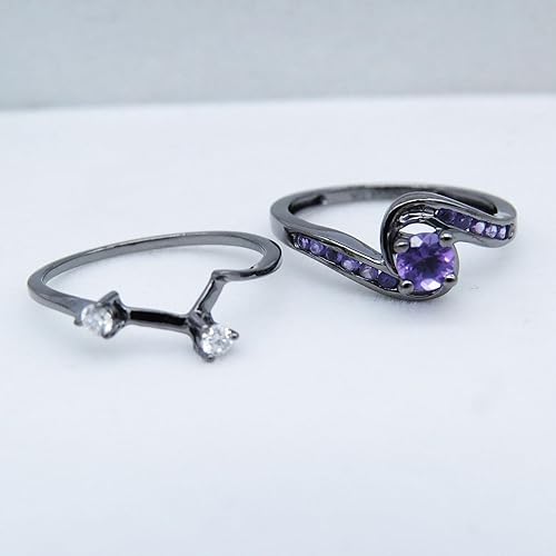 Miniatura 3 de Dazzlingrock Collection Juego de anillos de boda redondos de amatista y diamante blanco para mujer en oro blanco sólido de 10 quilates chapado en