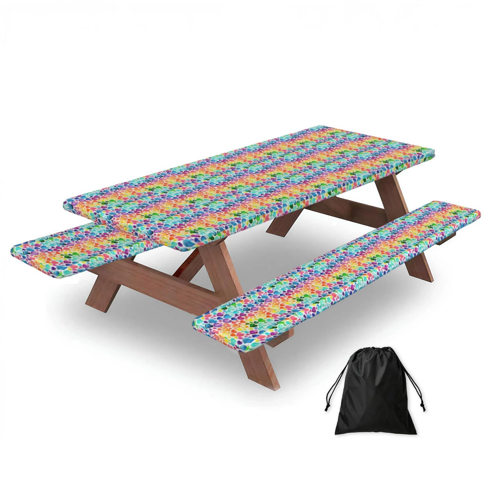 PPHGUT Rainbow Hearts Print Picnic Table Bench Cover Set Outdoor Garden Bbq Protector For Family Camping