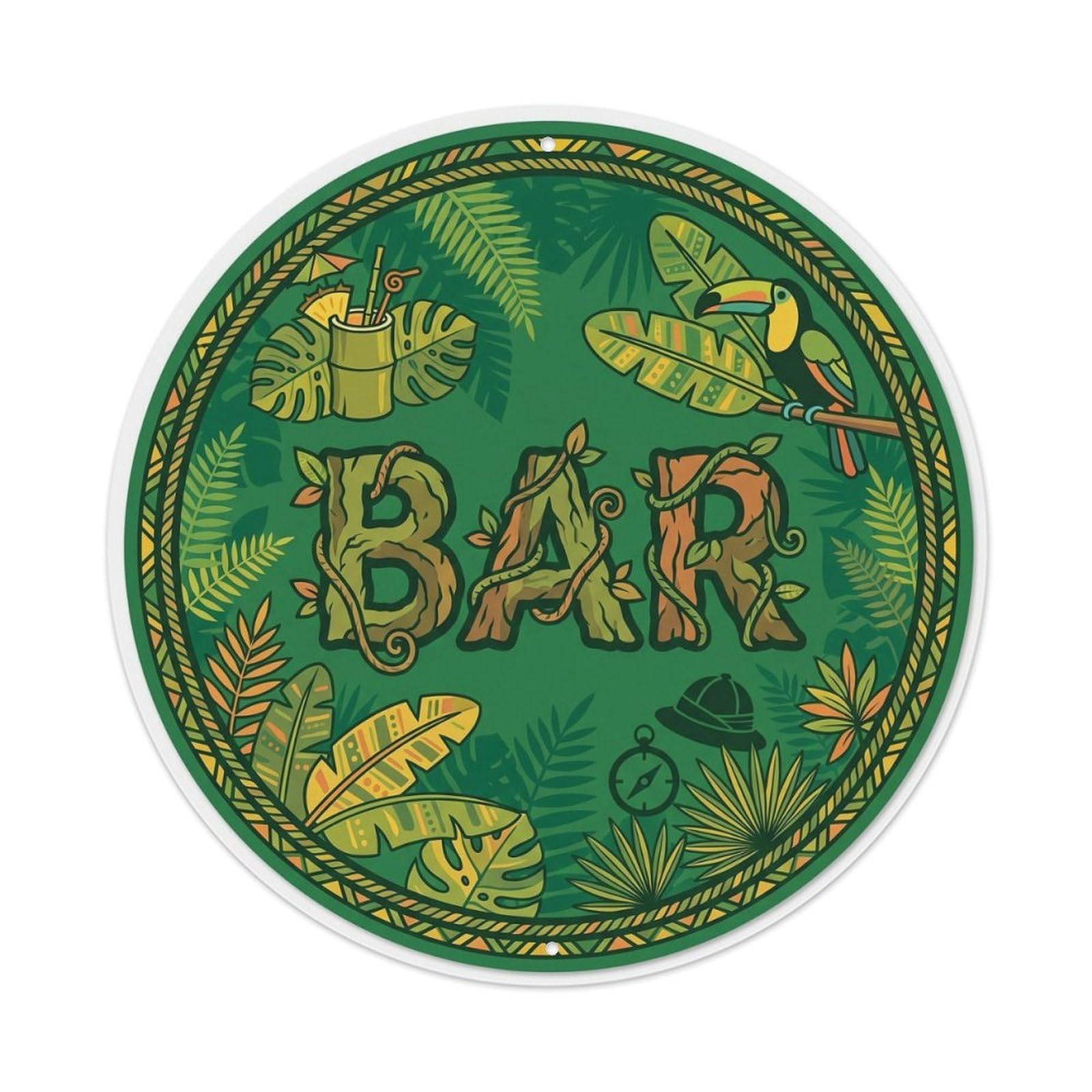 BAR Tropical Jungle Ornament Metal Tin Sign Plaque Wall Decor for Cafe, Club Bar, Office, Home Garden Round Metal Poster 8x8Inch