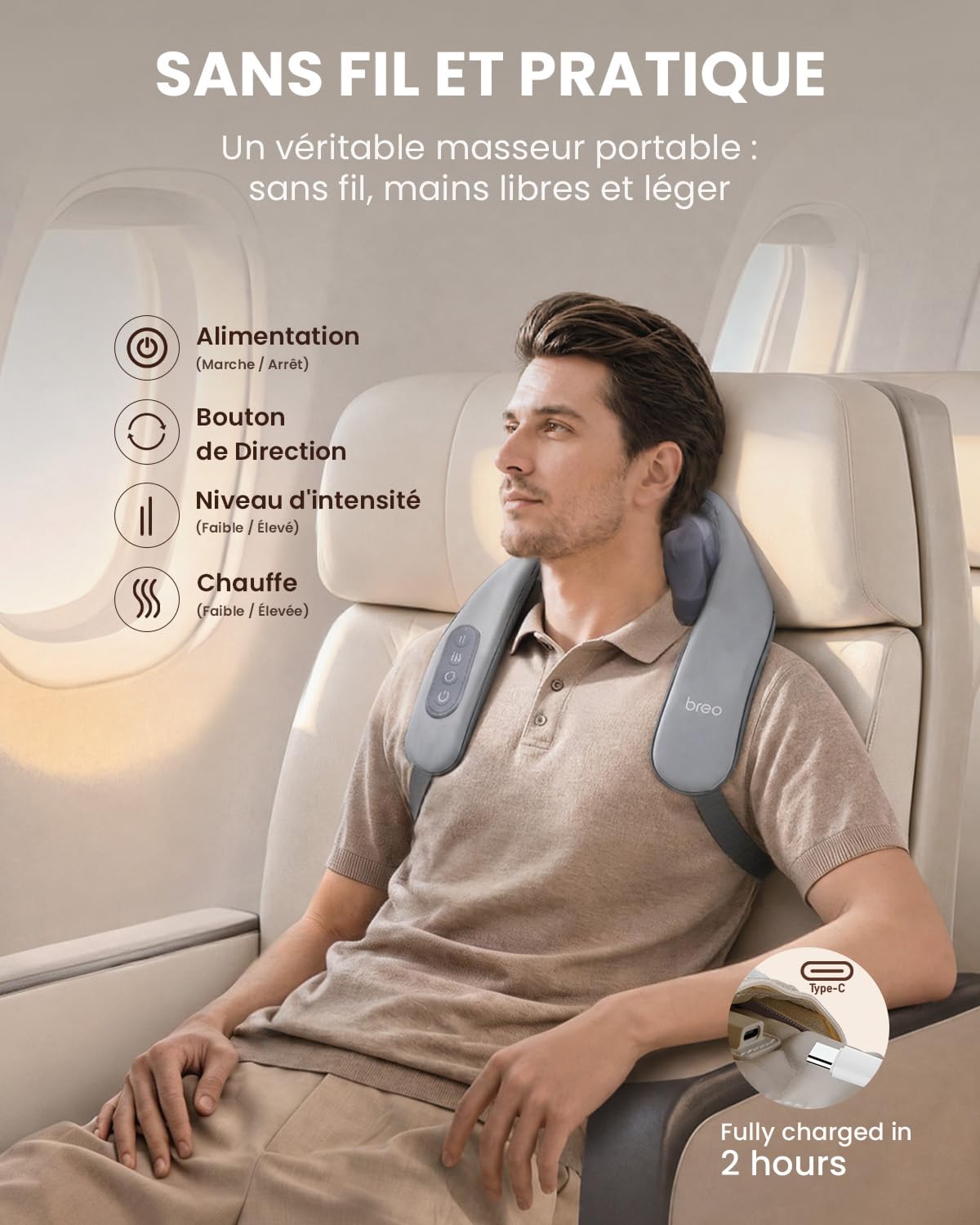 Breo N5mini Masseur de cou avec chaleur, pétrissage Shiatsu 5D, Gris
