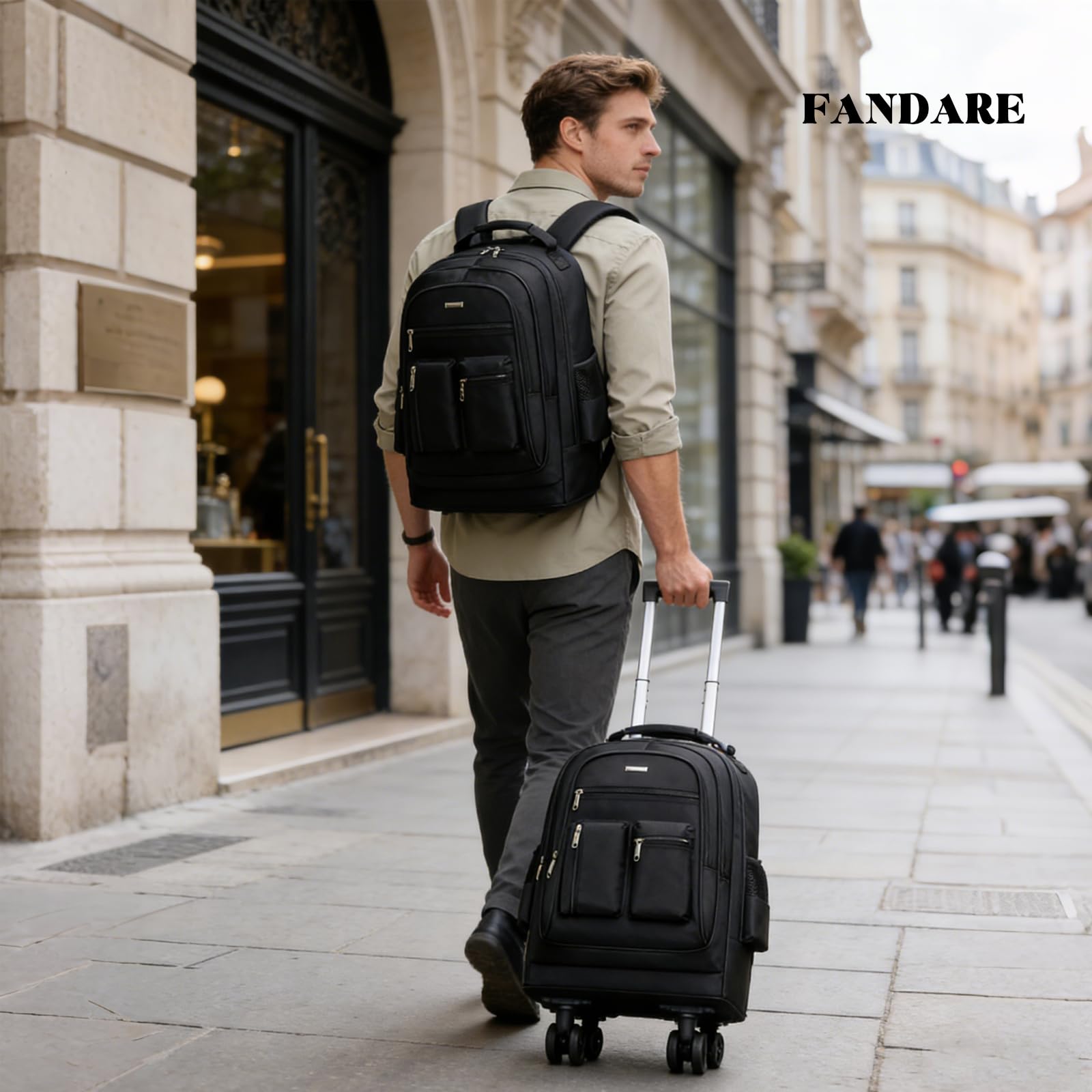 FANDARE 35L Trolley per 15.6 pollici PC portatili 2-in-1 Uomo Zaino con rotelle con manico telescopico Zainetto trasformabile 24 Ore Borsa per Insegnante Borse Lavoro Messenger Zaini ufficio giorno
