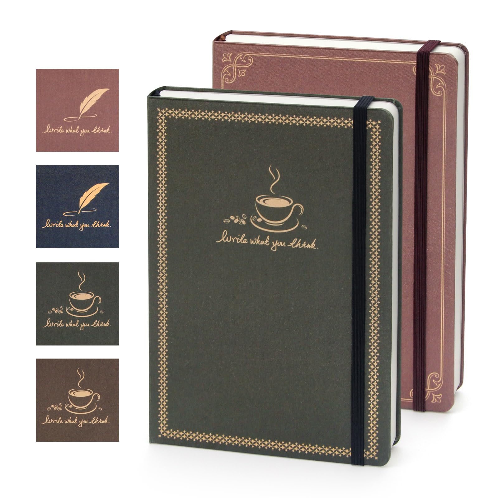 WETLOTE A5 Lined Journal Notebook - Hardcover Note Book with Red Quill Pen and Green Coffee Design, Gold Cloth Cover, 212 Lined Pages, Elastic Band & Back Pocket, Perfect for Daily Use,Men and Women โ image 1