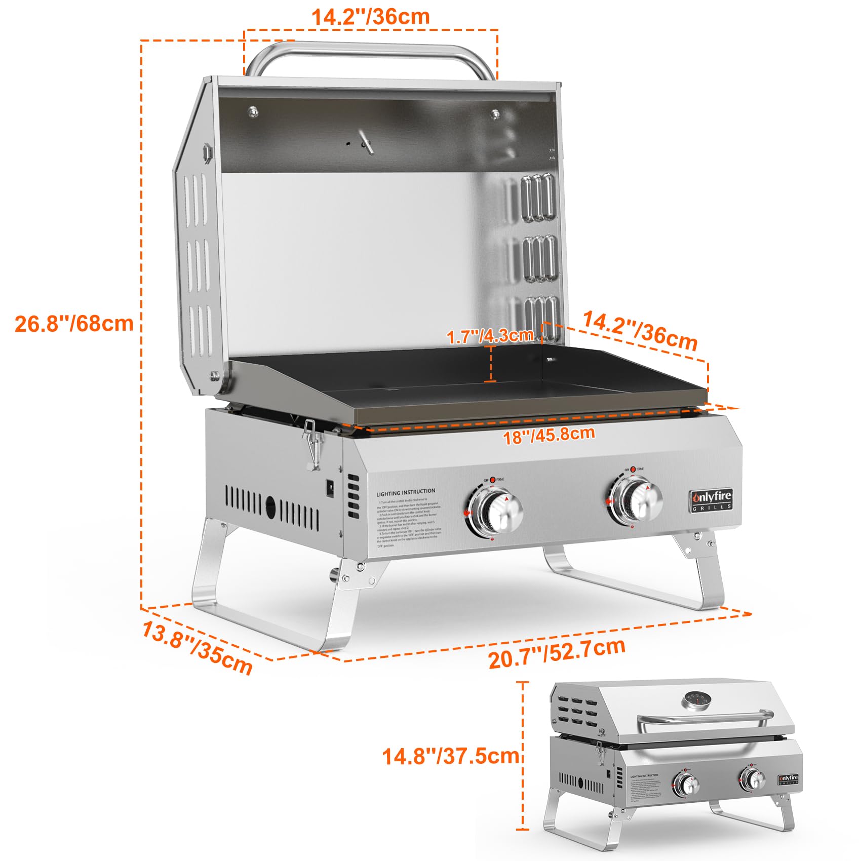 onlyfire Barbecue à Gaz 2 Brûleurs en Acier Inoxydable, Barbecue de Table avec Couvercle et Plaque de Gril en Céramique, Zone de Cuisson 45,8x36CM, pour Camping et l' Extérieur