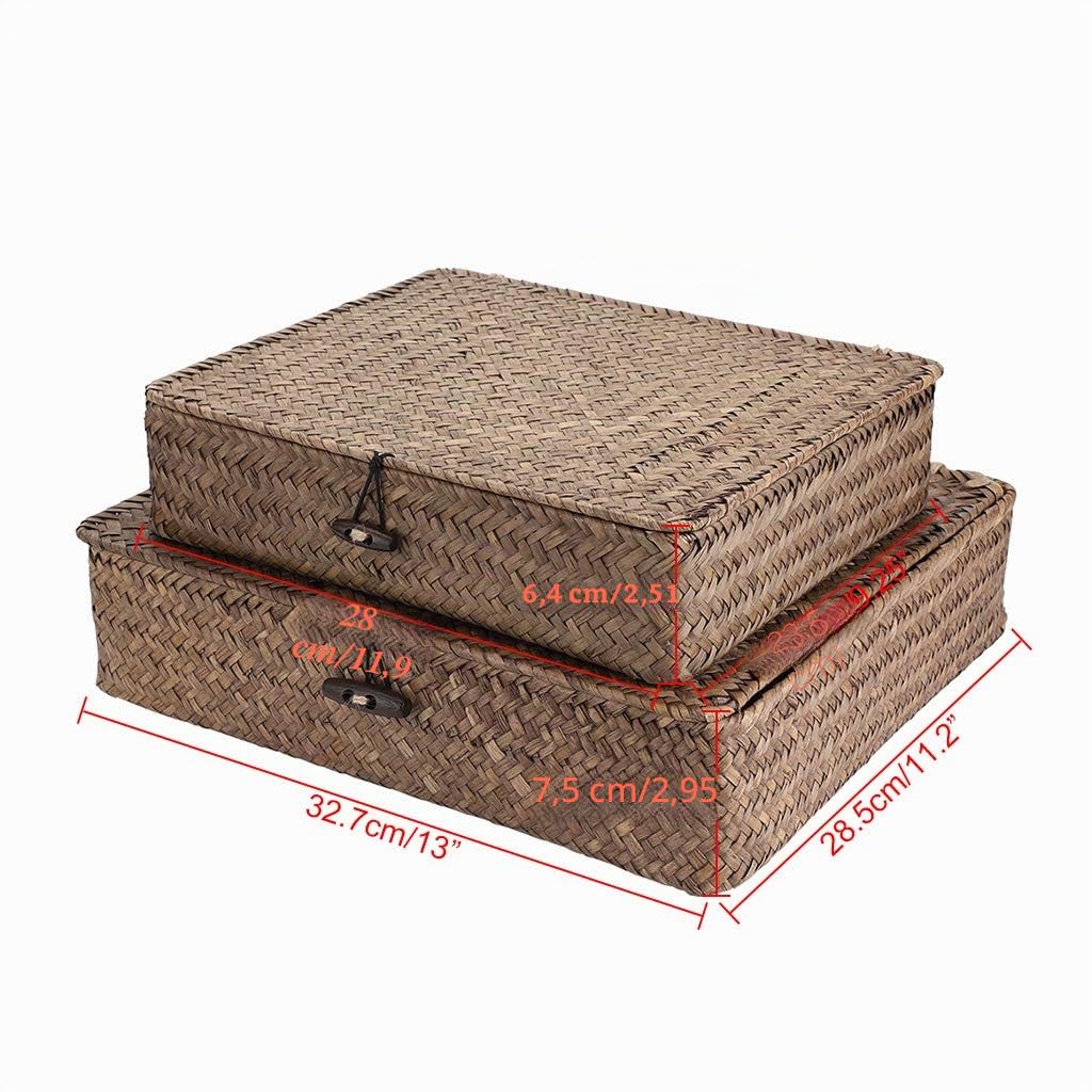Hipiwe Set di 2 contenitori piatti in vimini intrecciato con coperchio, cestini in alga marina naturale, multiuso, per la casa, organizer per mensole (caffè)