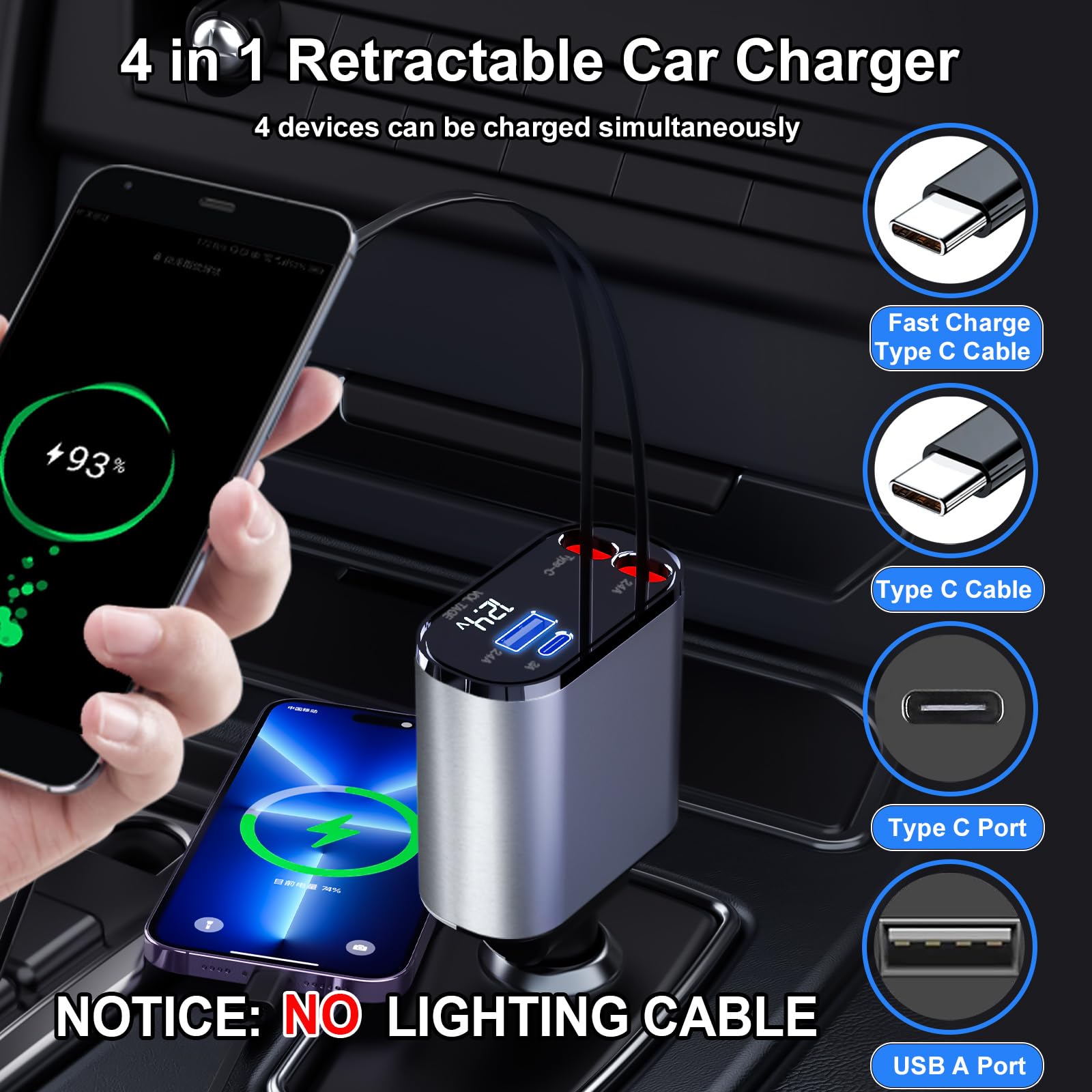 Thlevel Cargador retráctil para coche 4 en 1 USB C cargador rápido con cables duales tipo C (31.5 pulgadas) con visualización de voltaje compatible con iPhone 15/15 Pro Max Samsung Galaxy Note