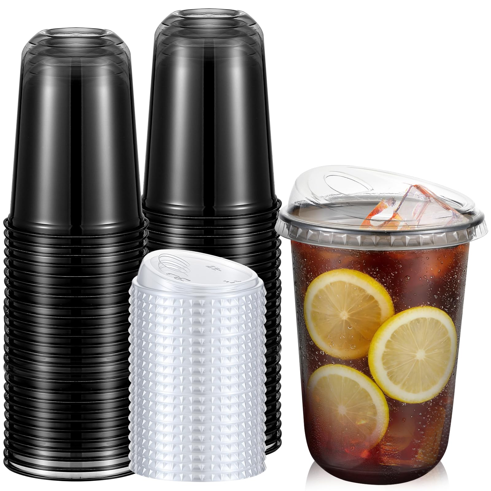 50 Sets Clear Plastic Coffee Cups with Sip Lids, Disposable Plastic PET Crystal Cups for Iced Coffee, Smoothie, Cold Beverage, Drink Shops and Party Catering(Clear Black,16 oz)