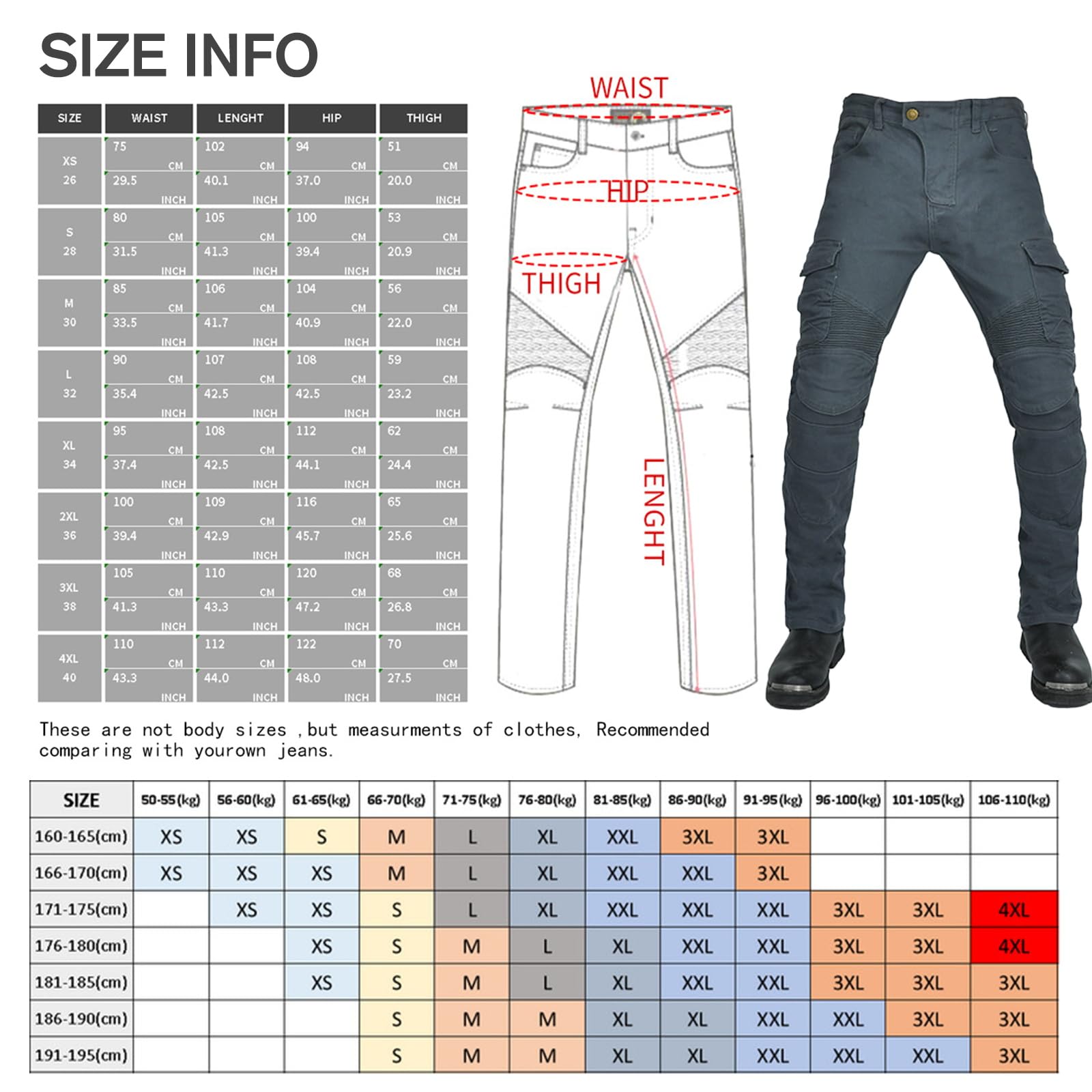 Uomo Donna Pantaloni da Moto Biker Jeans Protezione Motorcycle Pantaloni Rinforzato Slim Fit Armature Pants, 4 x Pad di Protezione (Grigio,XL)