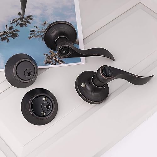 Miniatura 4 de Gobrico Juego de 2 manijas de puerta de bronce aceitado con llave igual y cerrojos de doble cilindro, con la misma llave, reversible para puertas