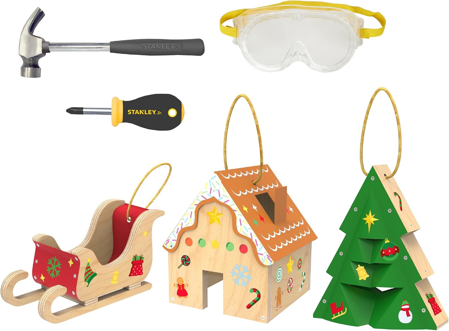 Stanley Jr. Christmas Ornaments Kit Set Easy Build Gingerbread House, Christmas Tree Ornament Kit and Mini Santa's Sleigh Toys for Kids, Boys and Girls, Ages 5 and up