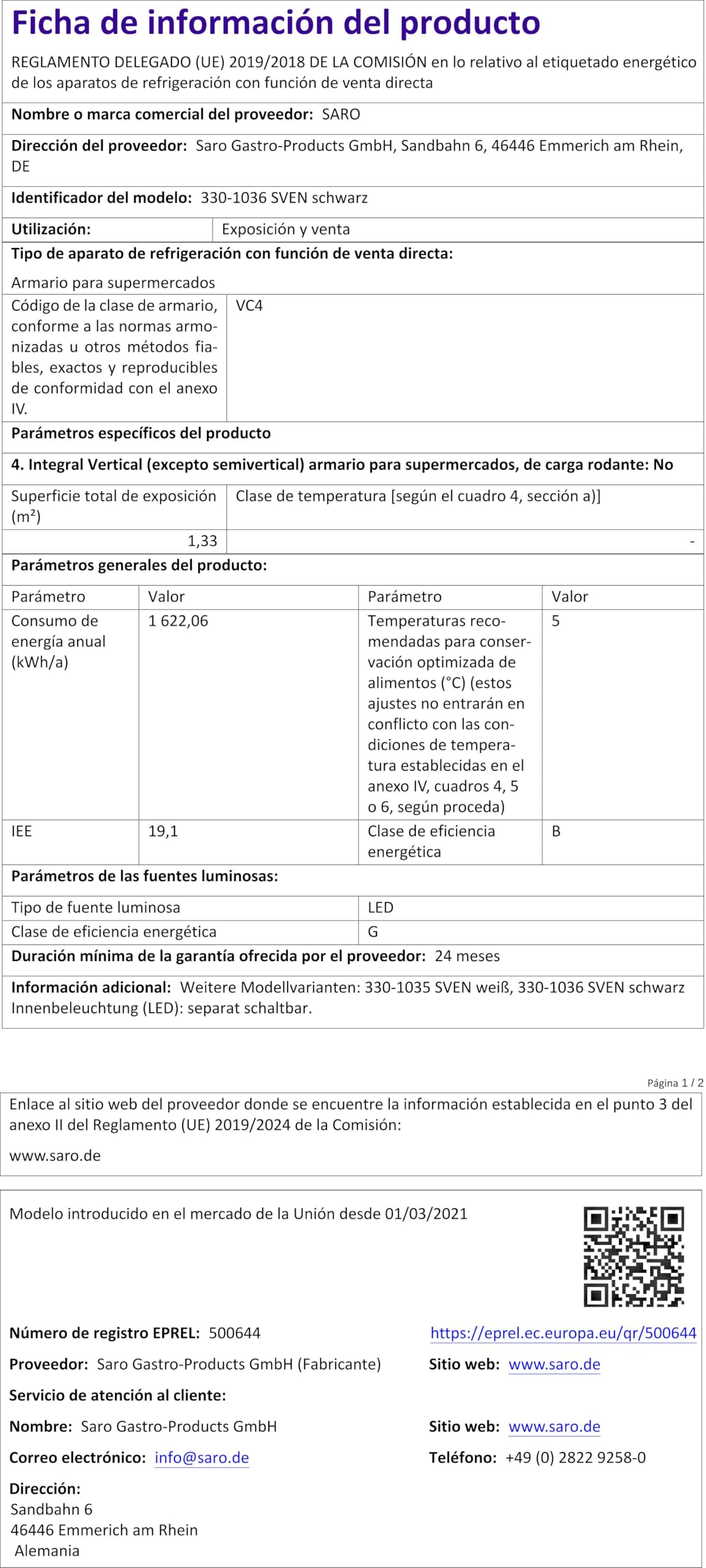 SARO SVEN - Vetrina refrigerante da 235 l, raffreddamento a ricircolo, controllo digitale della temperatura 0/+12 °C, illuminazione a LED, 4 griglie regolabili, sbrinamento automatico, plastica nera