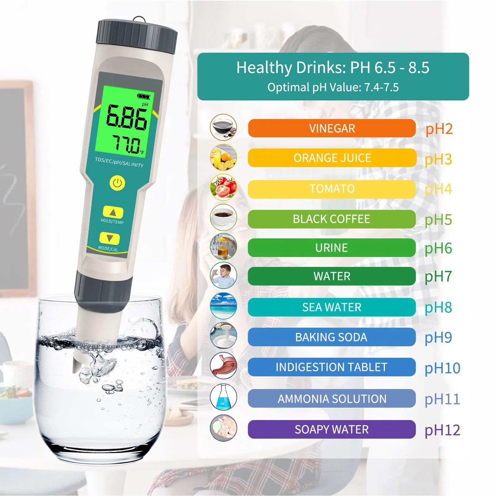 Testeur numérique de qualité l'eau 5 en 1, PH TDS EC, compteur température salinité