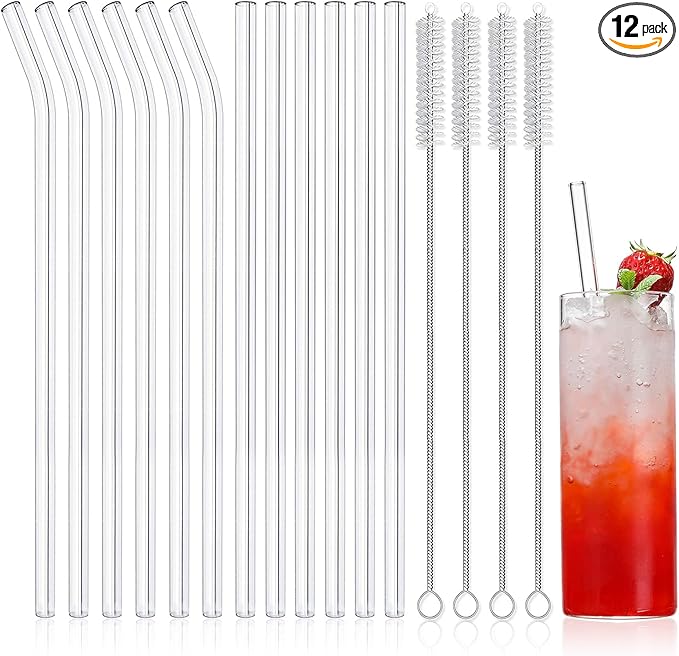 NETANY 16-Pack Reusable Glass Straws, Clear Glass Drinking Straw, 10''x10 MM, Set of 6 Straight and 6 Bent with 4 Cleaning Brushes - Perfect for Smoothies, Milkshakes, Tea, Juice - Dishwasher Safe