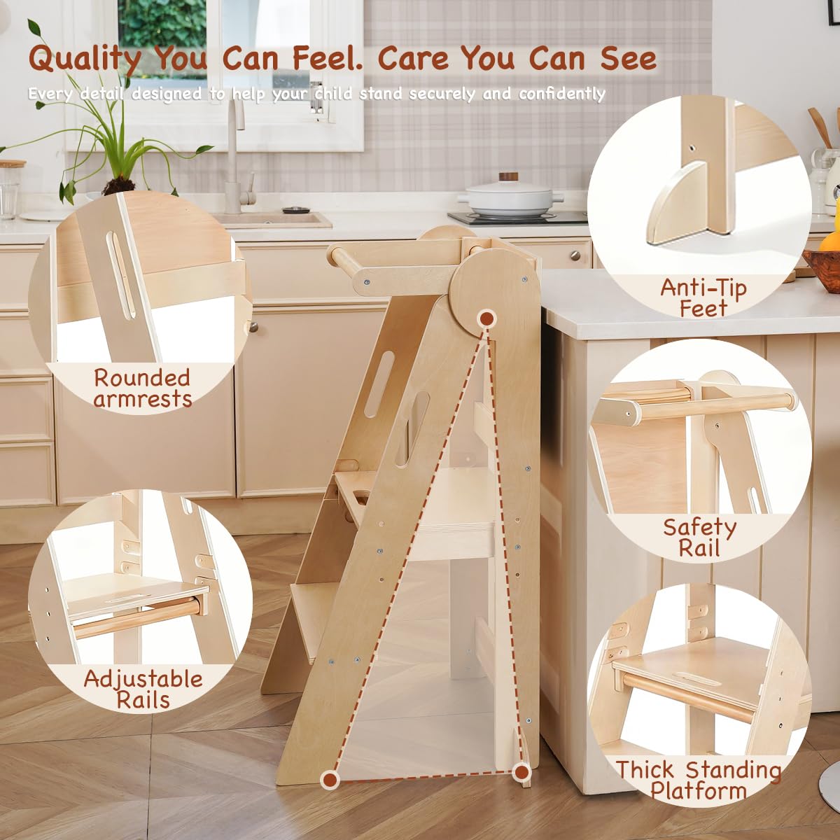Tour d'Observation Montessori Pliable pour Enfant, Tabouret d'apprentissage | Tour d'Observation en Bois avec Tableau Noir, Aide de Cuisine Pliante et Gain de Place, avec Barrière de Sécurité