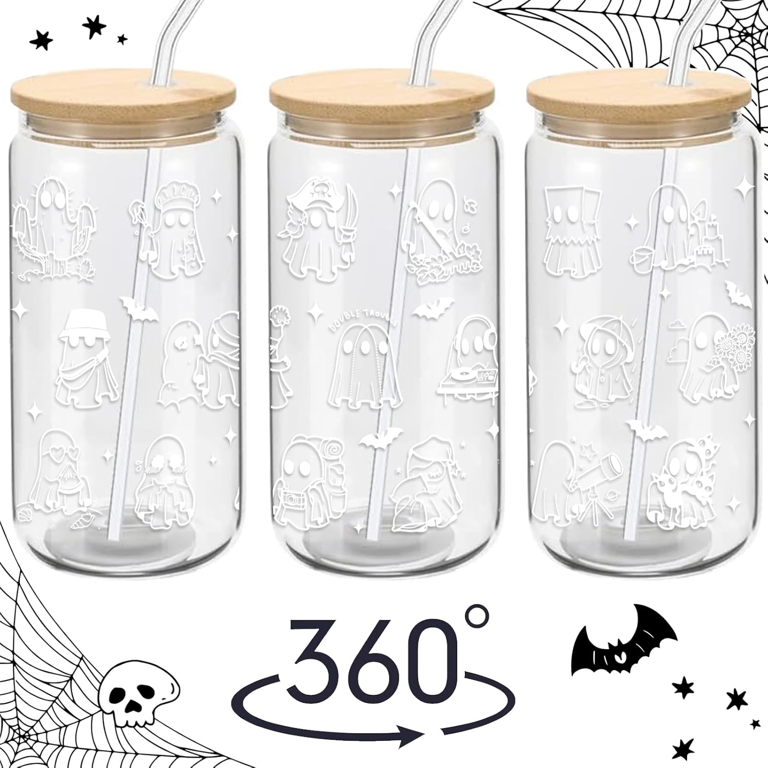 Halloween Cups Tumbler, Halloween Gifts for Women, Cute Glass Cups with Lid and Straw, Boo Spooky Gifts Basket Stuffers Stuff, Ghost Decorations Decor Indoor, Glasses Drinking, White, 16 oz - Image 2