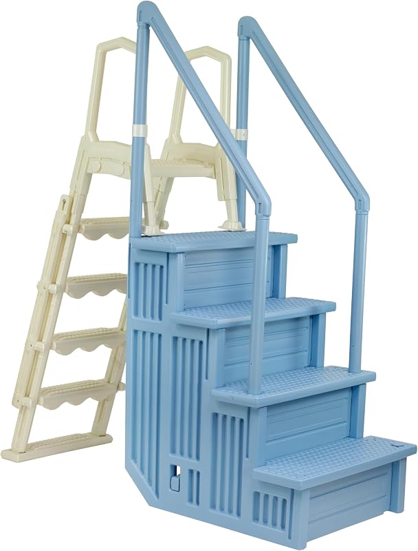 Escalones antideslizantes para pileta Aqua Select con entrada abatible con bloqueo | Azul tranquilo | Sistema de entrada para piscinas elevadas | Se adapta a cubiertas de 48" a 54" de alto | Soporta hasta 350 libras