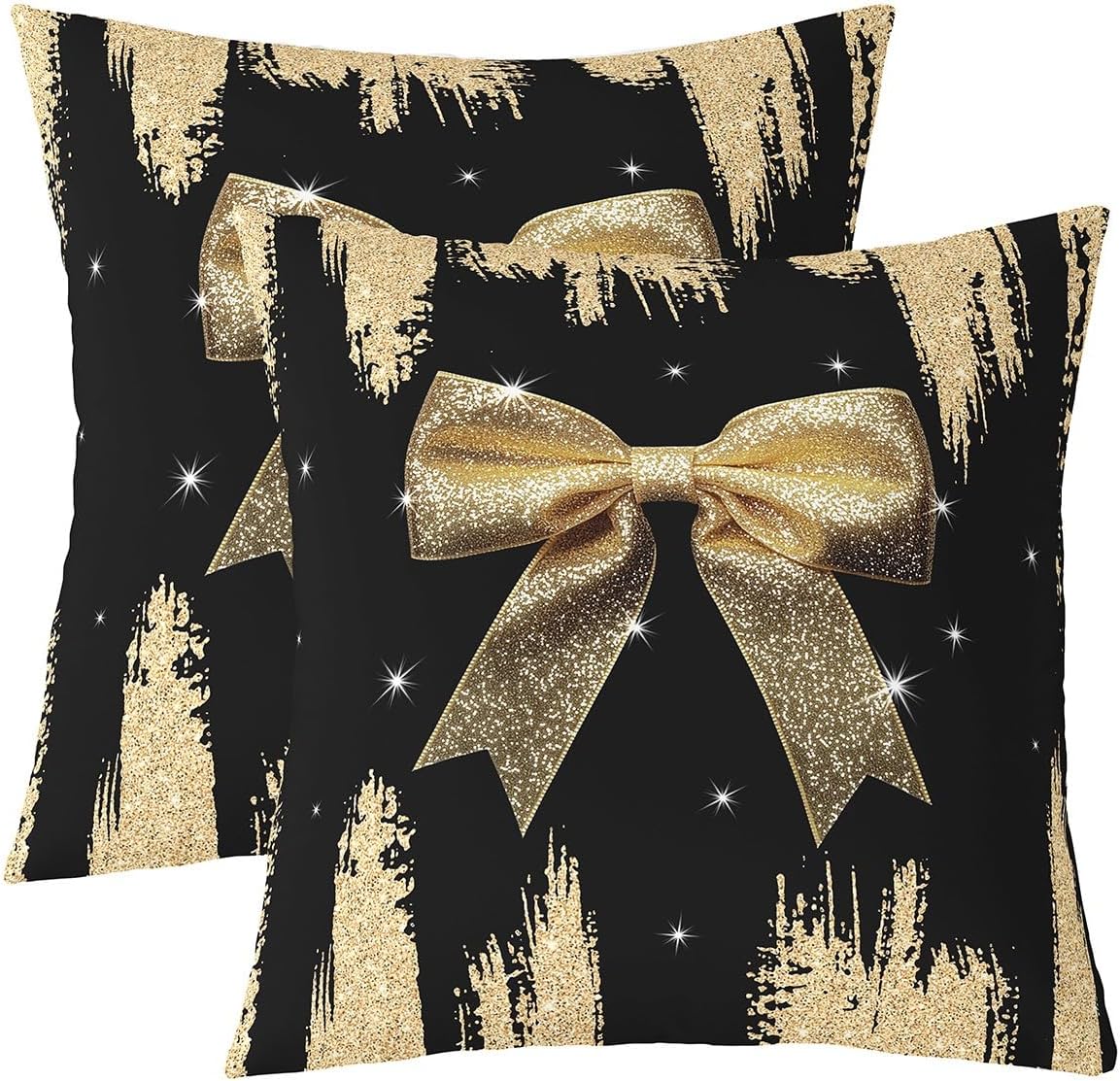Champagne Bow Knot Throw Pillow Covers,Sparkling Sequins Bow Square Pillow Cases 24"*24"*2,Glitter Dreamy Princess Bowknot Decorative Pillowcases,Starry Sky Watercolor Bow Tie Cushion Covers Cute Room