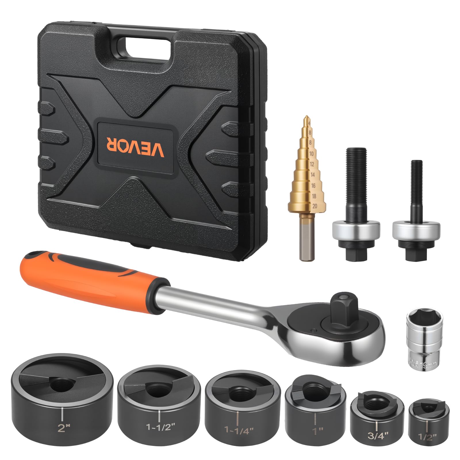 VEVOR Kit di Perforazione Manuale, Set di Punzoni per Espulsione a Cricchetto SLUG-Buster da 1,27 a 5,08 cm, con Chiave a Cricchetto 6 Dimensioni di Matrice, in Acciaio 40Cr Ko per Alluminio