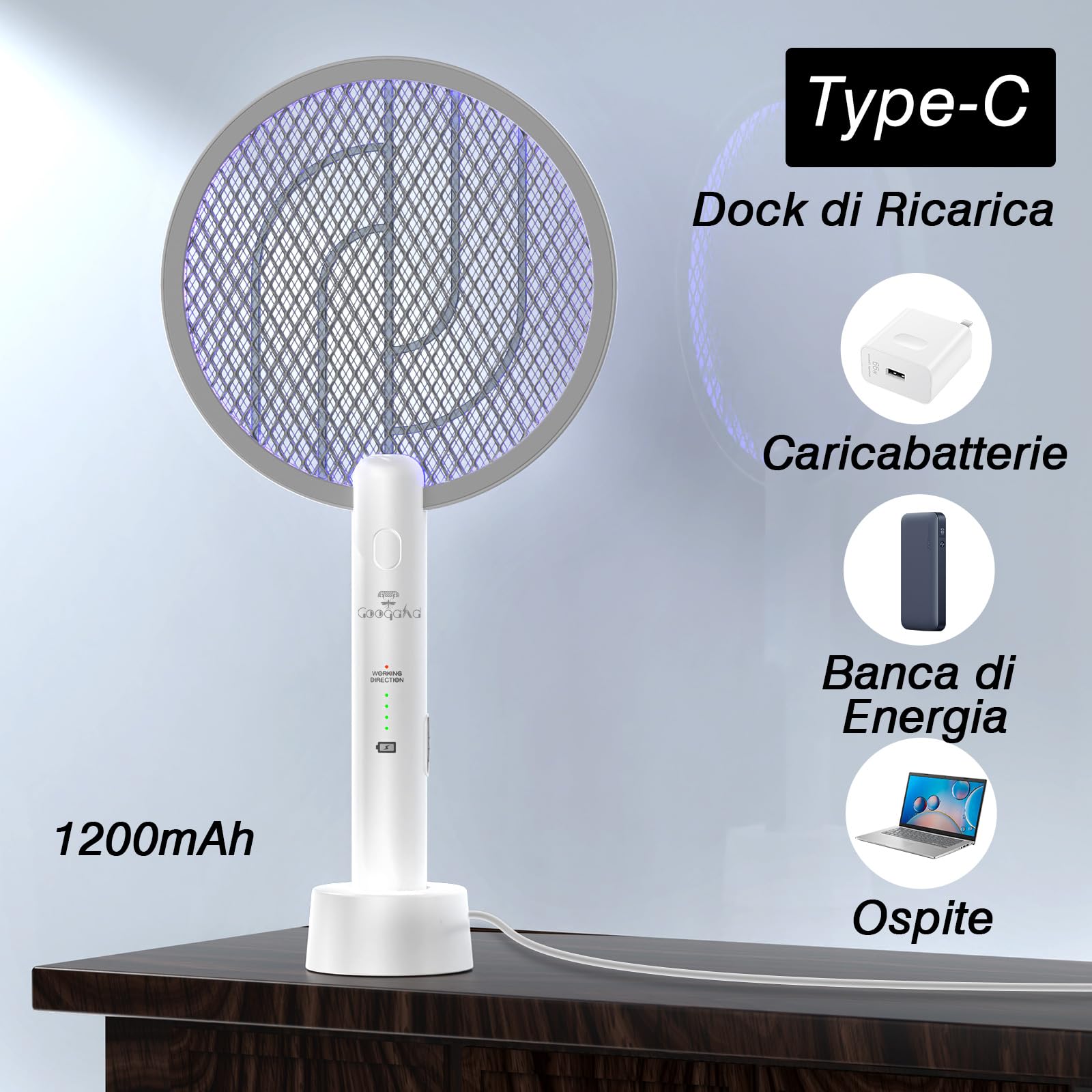 2 Pezzi LED Racchetta Zanzare Elettrica, 4000 Ricaricabile 2-In-1 Racchetta Zanzare Elettrico con USB, Protezione Maglia a 3 Strati, Adatto per Campeggio Interni ed Esterni Bianco