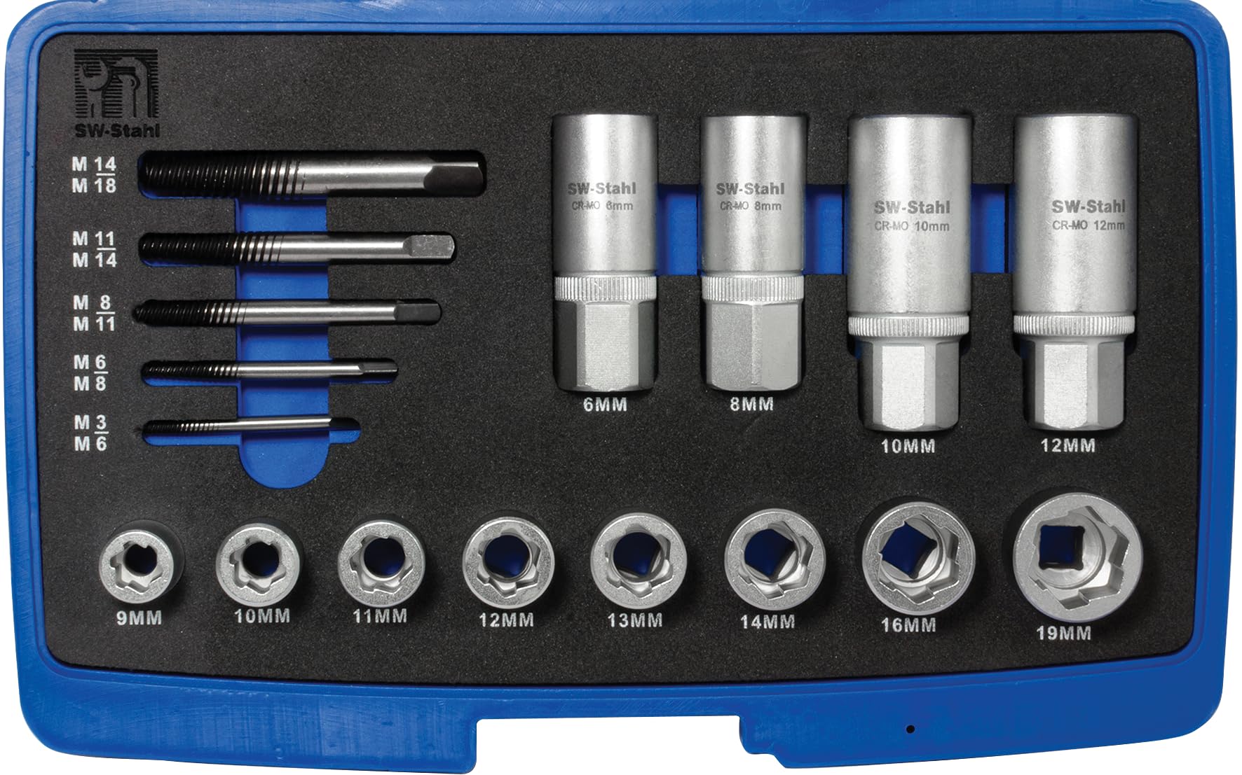 SW-Stahl 04166L Stehbolzen-Ausdrehsatz 17-teilig - Bolzenausdreher 1/2" | Schraubenausdreher M3-M18, Muttern-Ausdreher 9-19 mm & Klemm-Einsätze 6-12 mm aus CRV/CrMo Stahl im stabilen Set