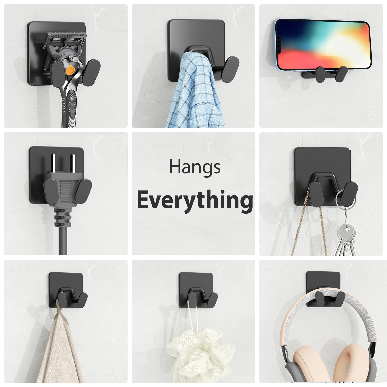 susswiff Adhesive Shower Hooks for Bathroom - Extra Sticky Stainless, Wall Hooks for Hanging Towel, Razor, Loofah, Robe, Coat, Heavy Duty Hanger for Kitchen, Bedroom, Door, Metal, Matt Black, 6 Pack