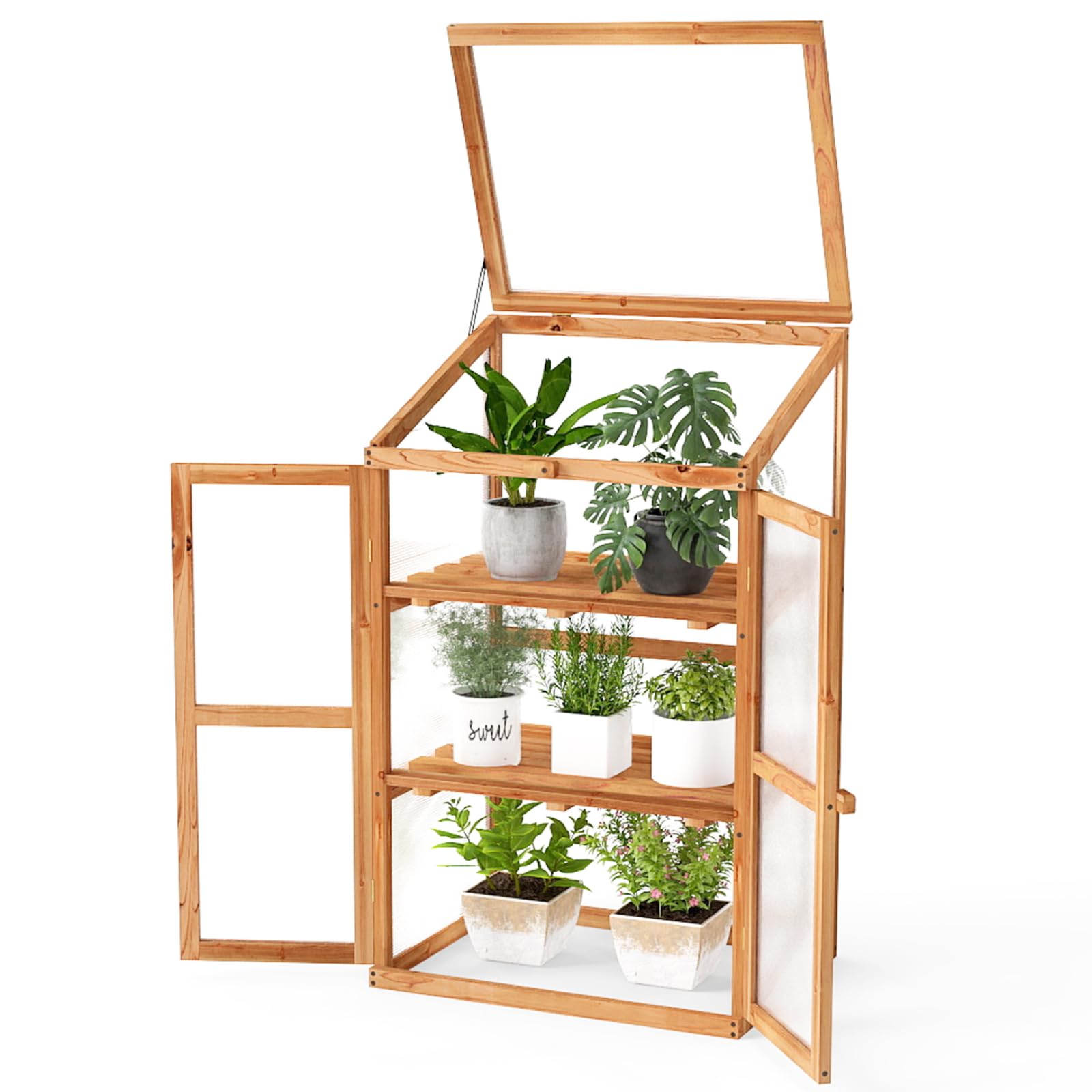 COSTWAY 3 Tiers Wooden Greenhouse, Garden Cold Frame with 2 Doors and Open Top, Outdoor Vegetable Flower Plant Transparent Growhouse for Patio Balcony Backyard (Orange)