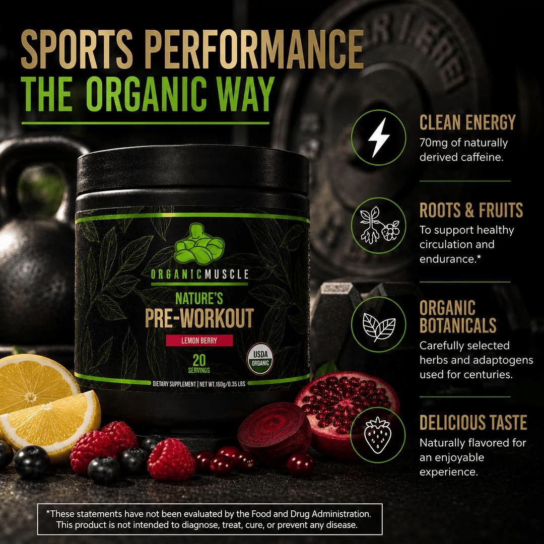 Organic Muscle Pre Workout Powder, Lemon Berry, USDA Organic, 20 Servings — Amazon image 6