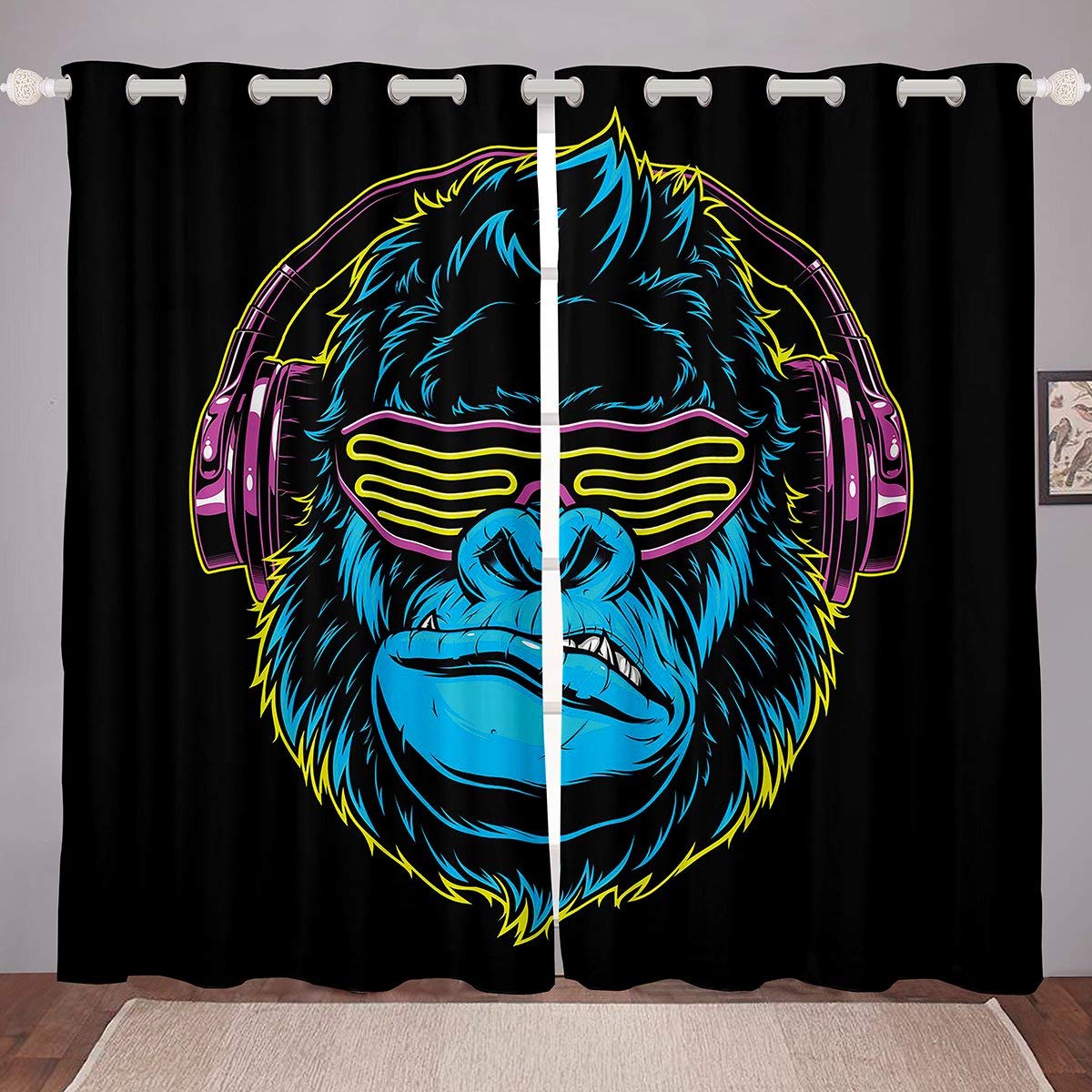 3D Gorilla Window Curtains Headphone Gorilla Curtains for Bedroom Living Room for Kids Boys Girls Wild Animal Pattern Window Drapes Watercolor Blue Design Window Treatments,42 X 84 Inch,2 Panels