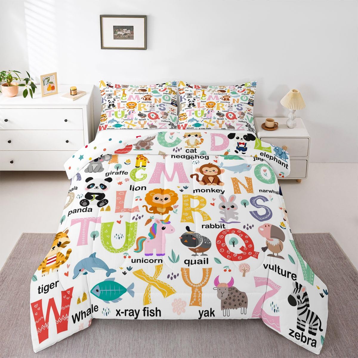 Feelyou ABC Alphabet Comforter Full Size for Boys Girls, Cartoon Animal Comforter Set Cute Educational Learning Tool Bedding Set Learning Educational Duvet Set Microfiber Bed Set