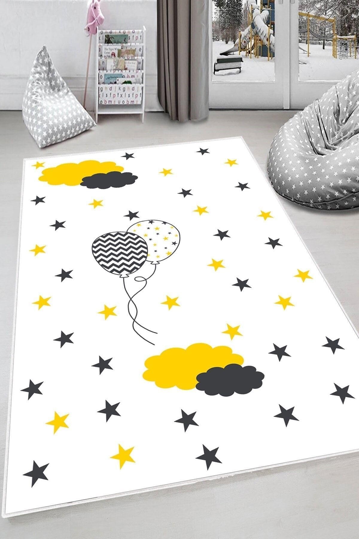 Pelangi Beyaz Balon Ve Bulut Desenli Yıkanabilir Kaymaz Taban Leke Tutmazbebek Ve Çocuk Odası Halısı, Beyaz 120 x 200