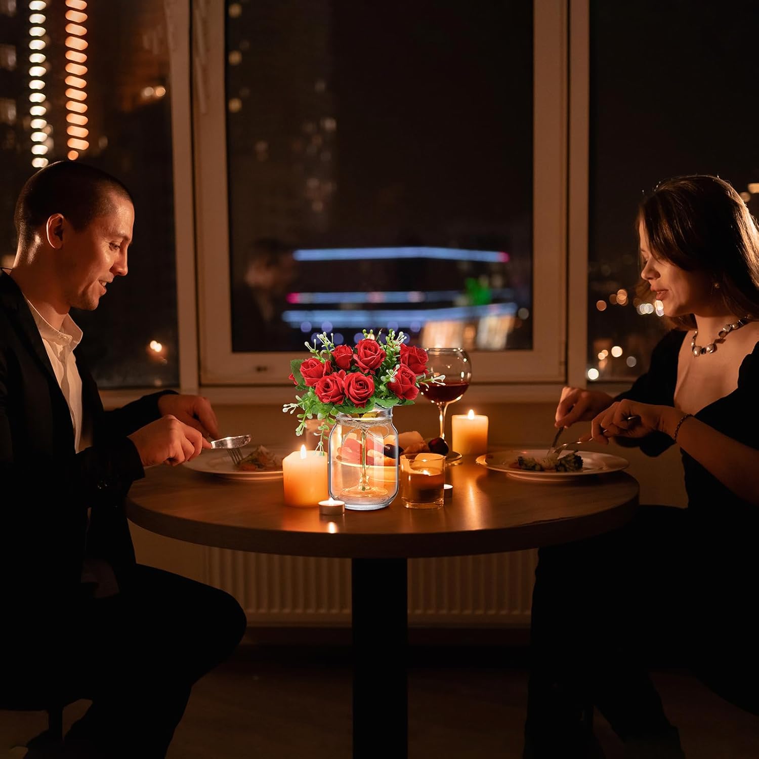 XunYee 10 Set Mason Jar Table Centerpiece with Flower Mason Jar Flower Centerpiece Vases Decor for Engagement Party Bridal Shower Centerpieces Wedding Reception Table Decor(Red Rose) - Image 5